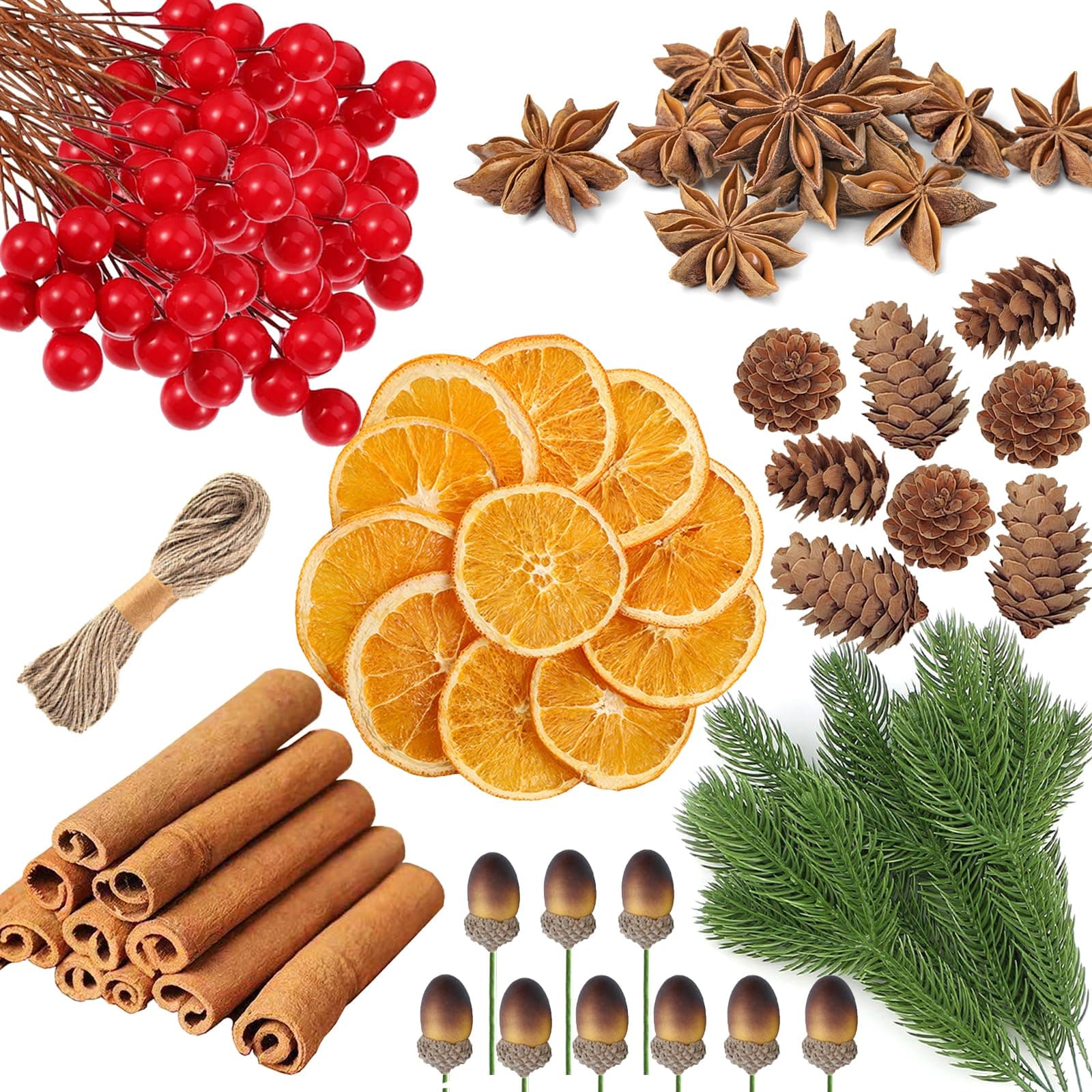 238 Pcs Christmas Wreath Making Supplies, Dried Orange Slices and Cinnamon Sticks, Star Anise, Artificial Berries Acorns Pine Branches Kit, Wreath Accessories Floral for Xmas Craft Decorations