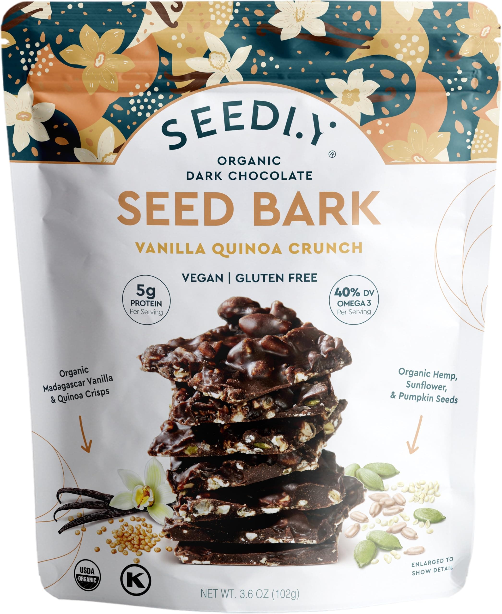 SEEDLYOrganic 70% Dark Chocolate Snacking Bark with 20g Protein, 50% less sugar - Vanilla Quinoa Crunch - Keto, Vegan Snacks, Gluten-Free, Low Carb, Paleo, Non-GMO, Stevia-Free, No Weird Additives, 3.6oz (Pack of 1)