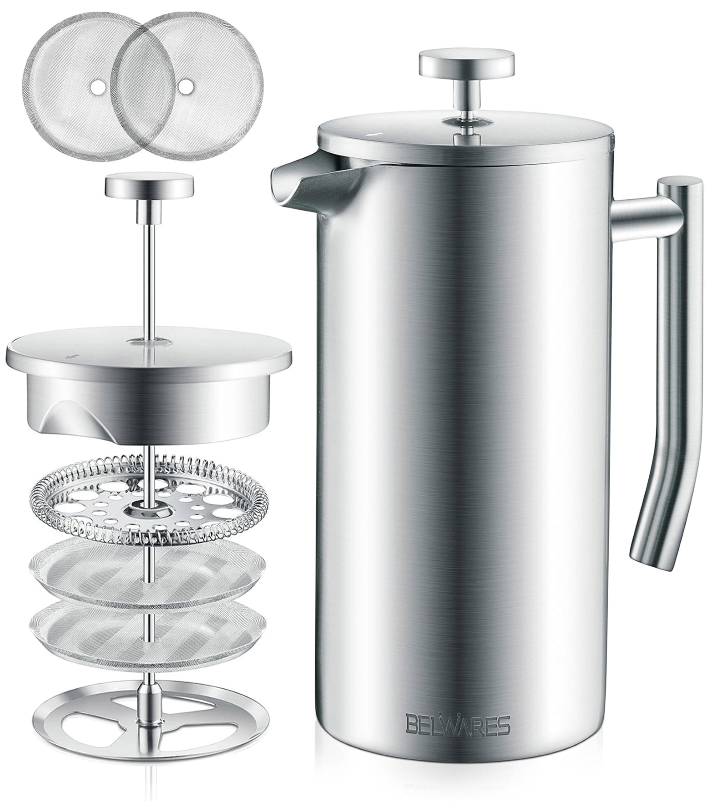 French Press Coffee Maker 34oz - 304 Stainless Steel Insulated Coffee Press, Double-Wall Heat Resistant Design with 4-Level Filtration System, Rust-Free & Dishwasher Safe (1.5 Liter), Silver