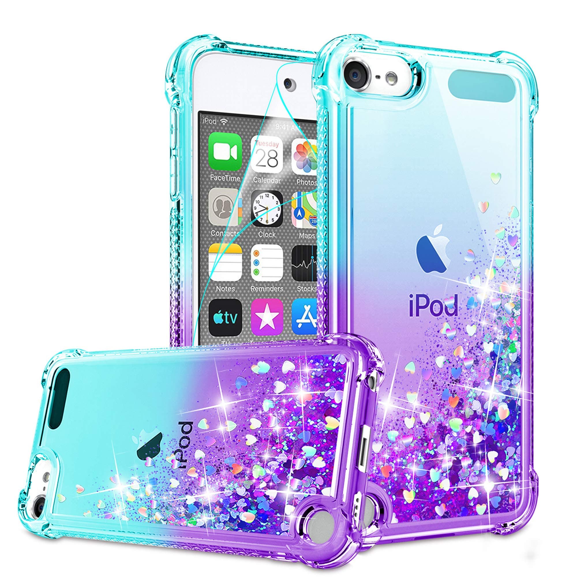 iPod Touch 7 Case, iPod Touch 6/Touch 5 Case with HD Screen Protector for Girls Women, Gritup Cute Clear Gradient Glitter Liquid TPU Slim Phone Case for Apple iPod Touch 7th/ 6th/ 5th Teal/Purple