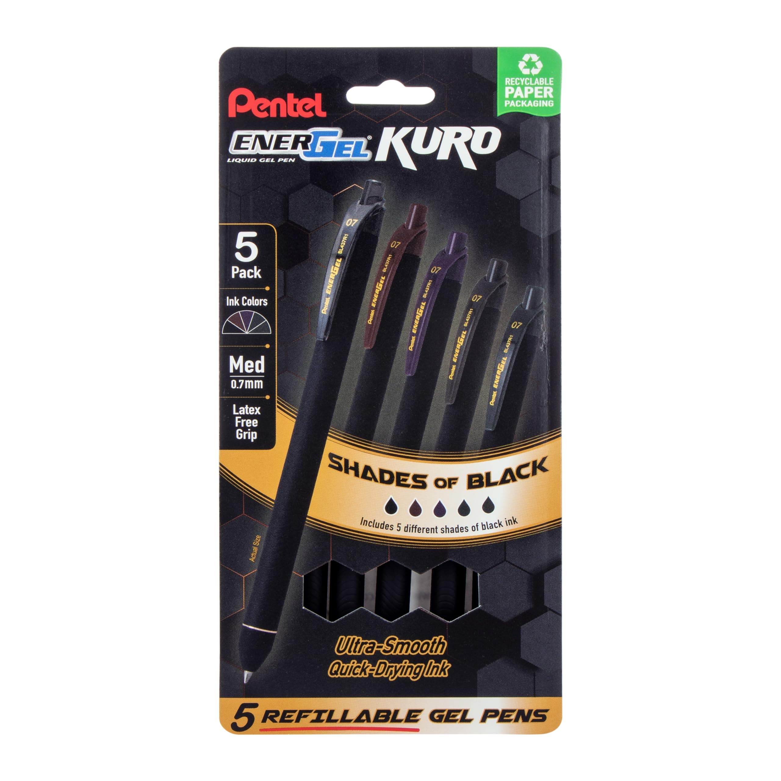 EnerGel Kuro Retractable Liquid Gel Pen, Shades of Black, 0.7mm tip, Assorted black ink, Pack of 5 pens (BL437PF5MA)