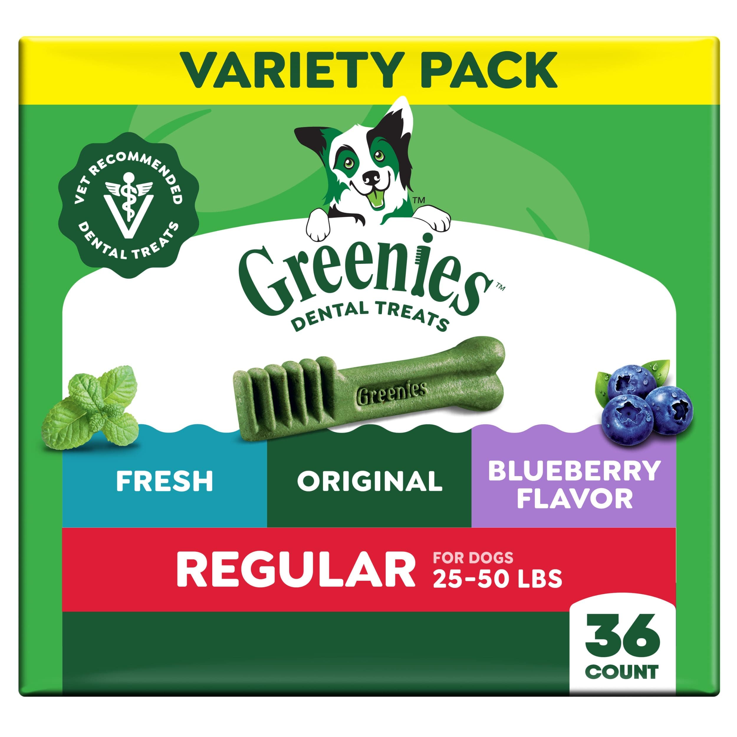 Regular Dental Dog Treats, 3-Flavor Variety Pack, (3) 12 oz. Pouches, 36 Total Treats