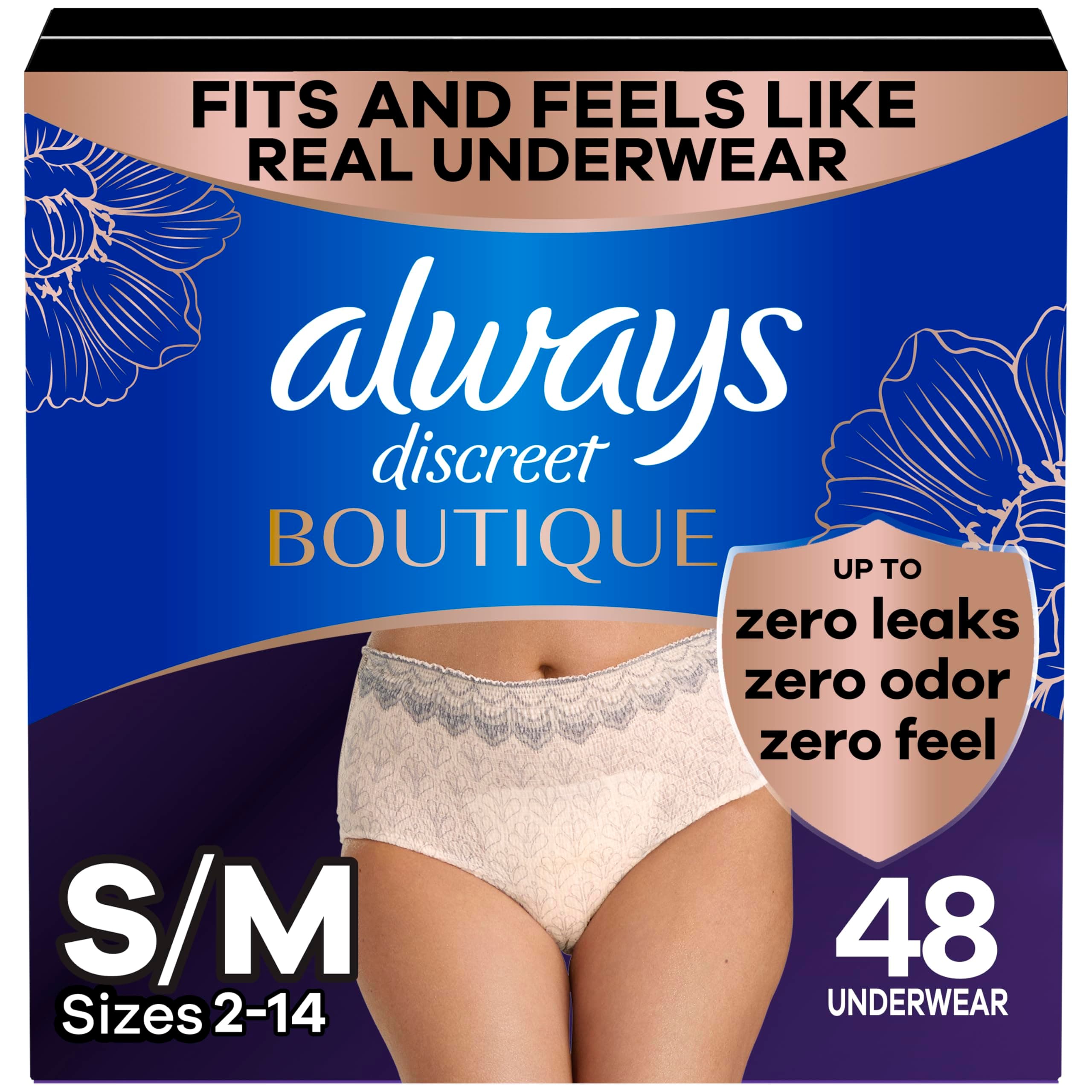 Boutique Adult Incontinence and Postpartum Underwear for Women, Maximum Protection, S/M, Rosy, 48 Count