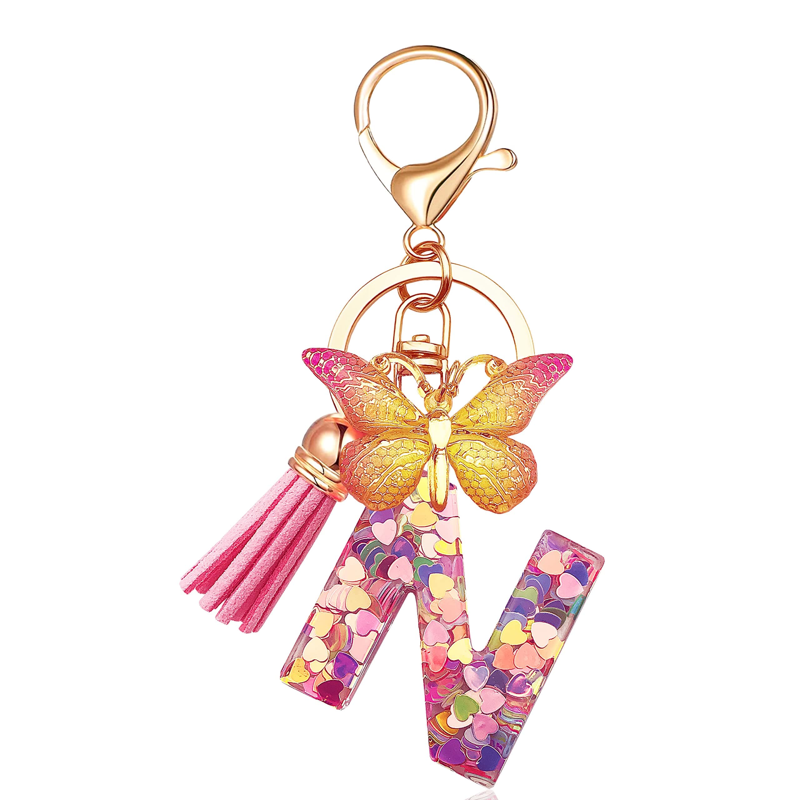 JINGUAZI Initial letter Keychains for Women Tassel Butterfly Pink Purple Cute Car Keychain for Wallet Backpack bag charm