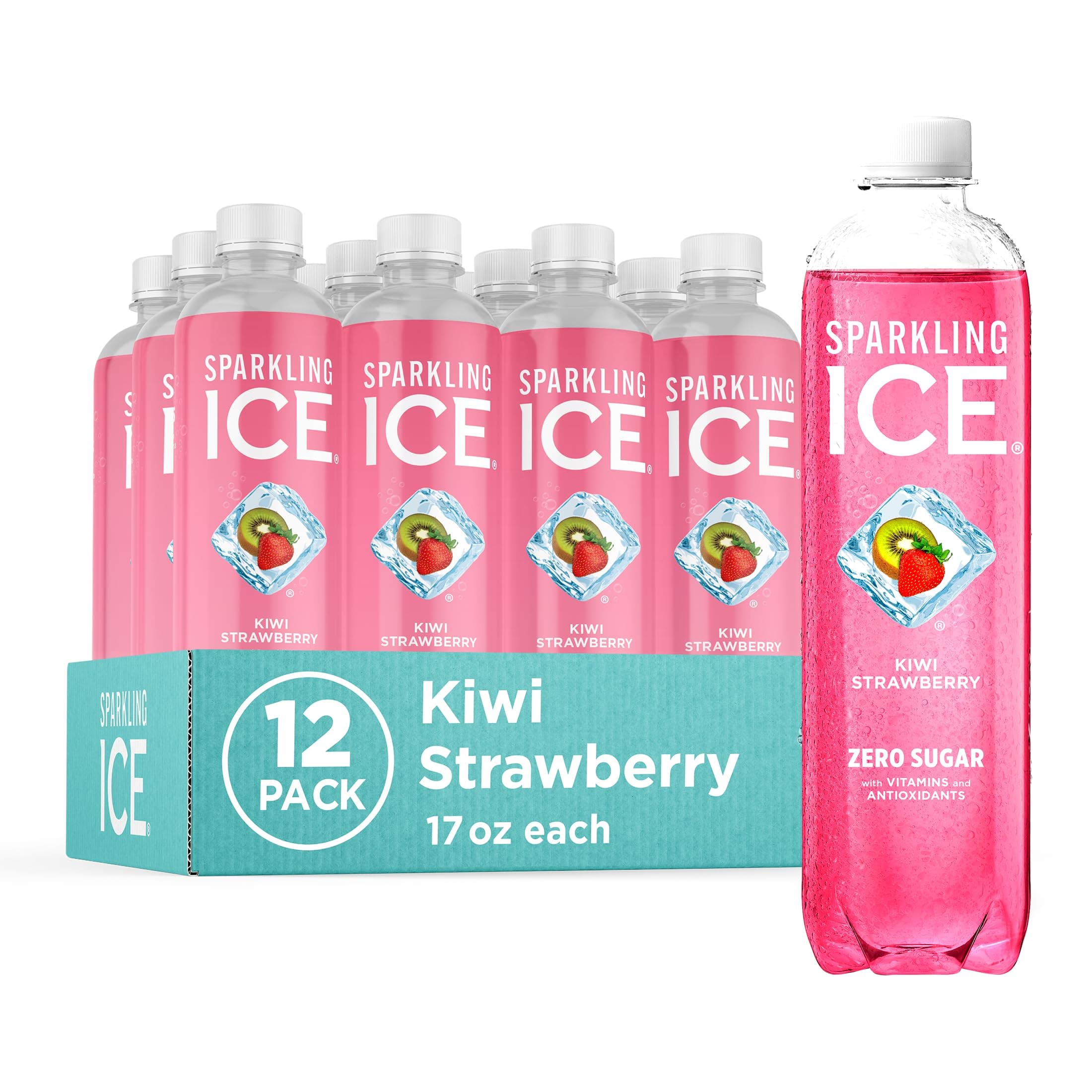 Sparkling Ice, Kiwi Strawberry Sparkling Water, Zero Sugar Flavored Water, with Antioxidants and Vitamins, Zero Sugar, 17 fl oz Bottles (Pack of 12)
