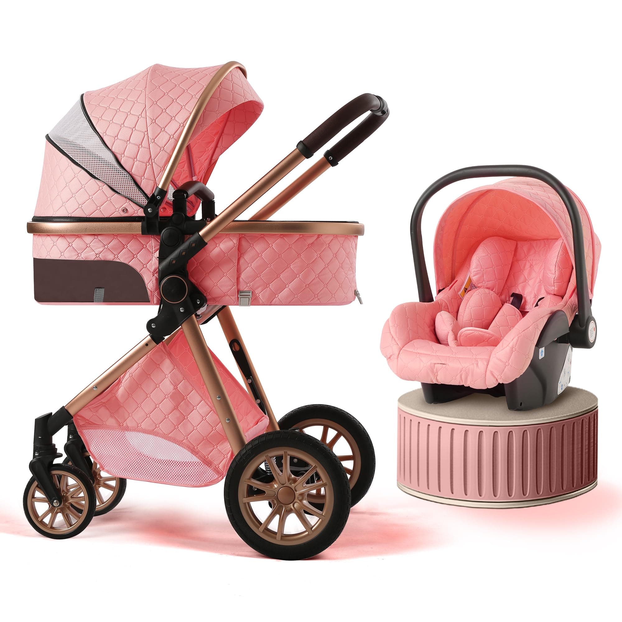 3 in 1 Baby Travel System Infant Baby Stroller Pushchair High Landscape Reversible Foldable Portable Stroller Newborn Pram Reclining Baby Carriage (Pink)