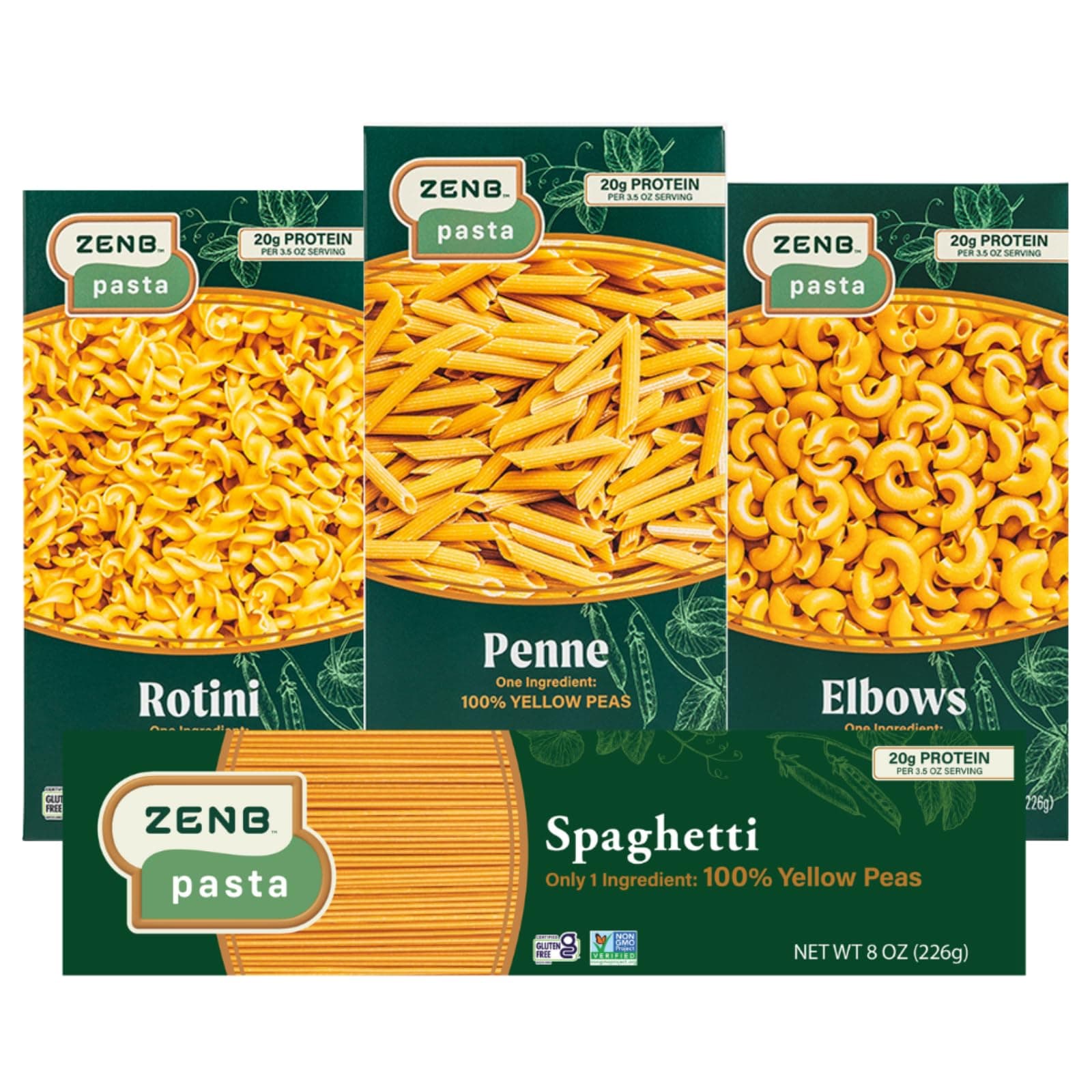 ZENB Plant Based Spaghetti, Rotini, Elbow, and Penne Variety Pack Pasta - Made From 100% Yellow Peas, Gluten Free, Non-GMO & Vegan, 20g of Protein & 12g of Fiber In Every Serving (Pack of 4)