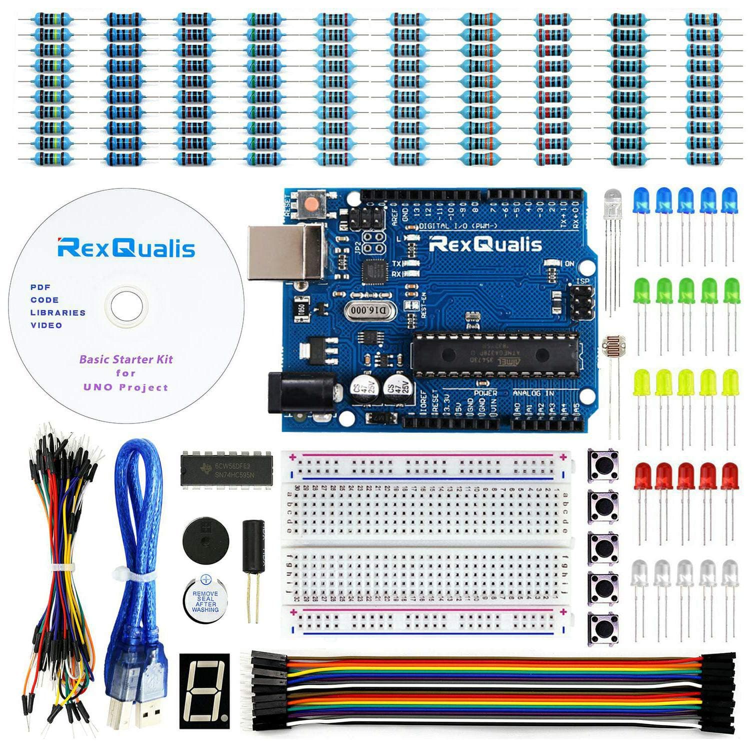 REXQualis Basic Starter Kit Based on Arduino UNO R3 with Tutorial and Controller Board Compatible with Arduino IDE