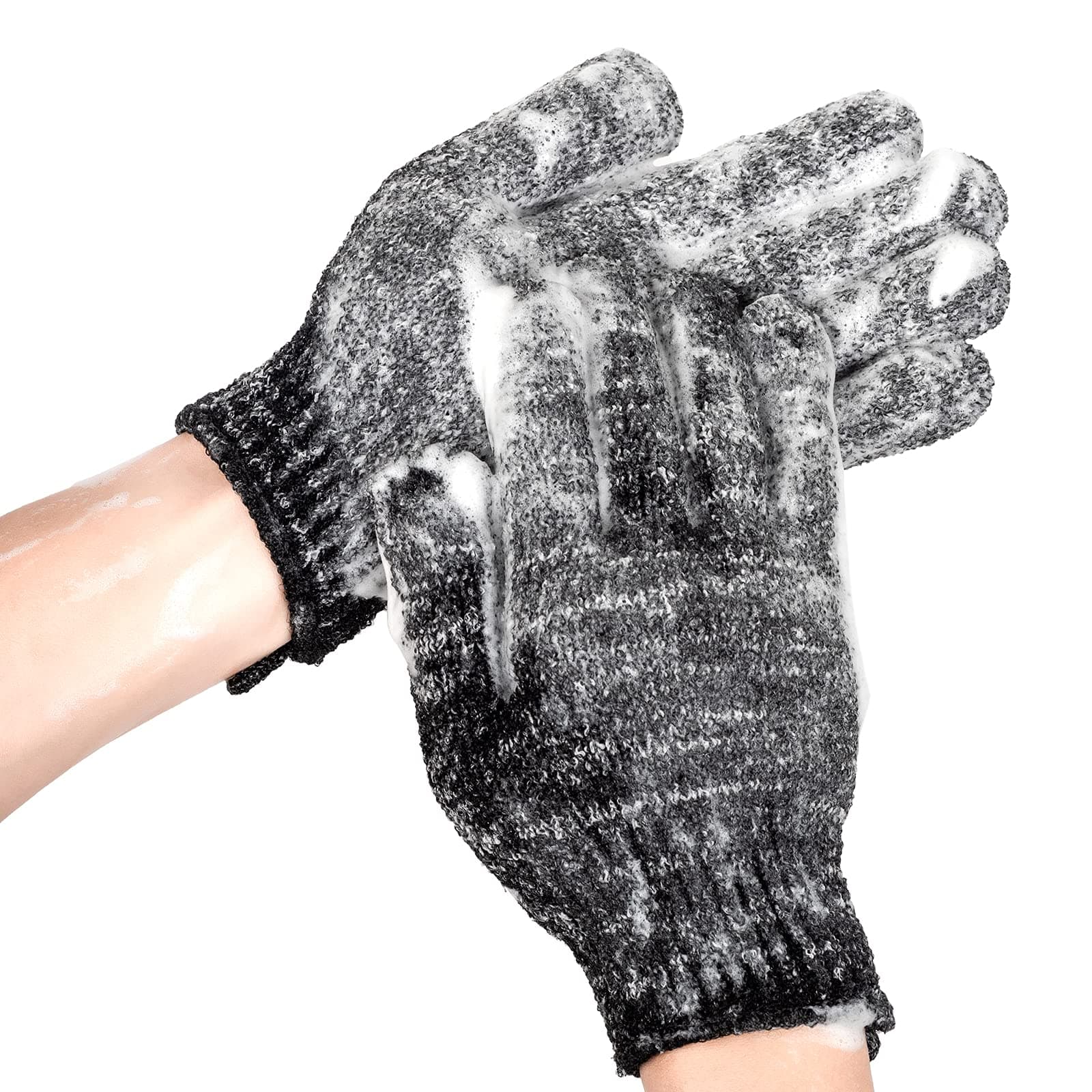 Charcoal Exfoliating Gloves - Men & Women Body Scrub for Dry Skin, 2-Pack (Black)