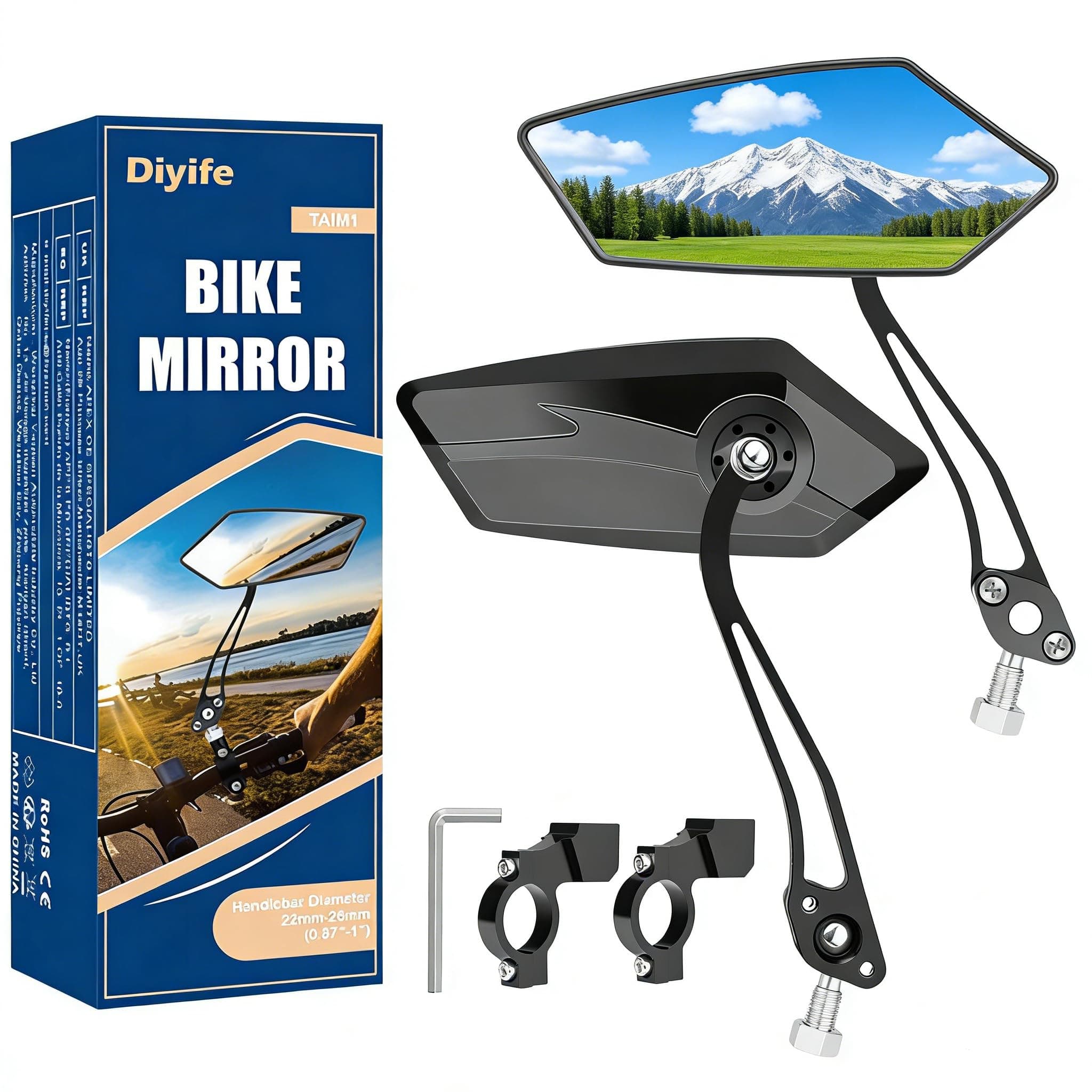Diyife Bike Mirror 1 Pair, [New Version] HD Wide Angle Large Handlebar Rearview Mirror, Blast-Resistant 360°Adjustable Bicycle Rear View Mirror Accessories for Ebike Mountain Road Bike