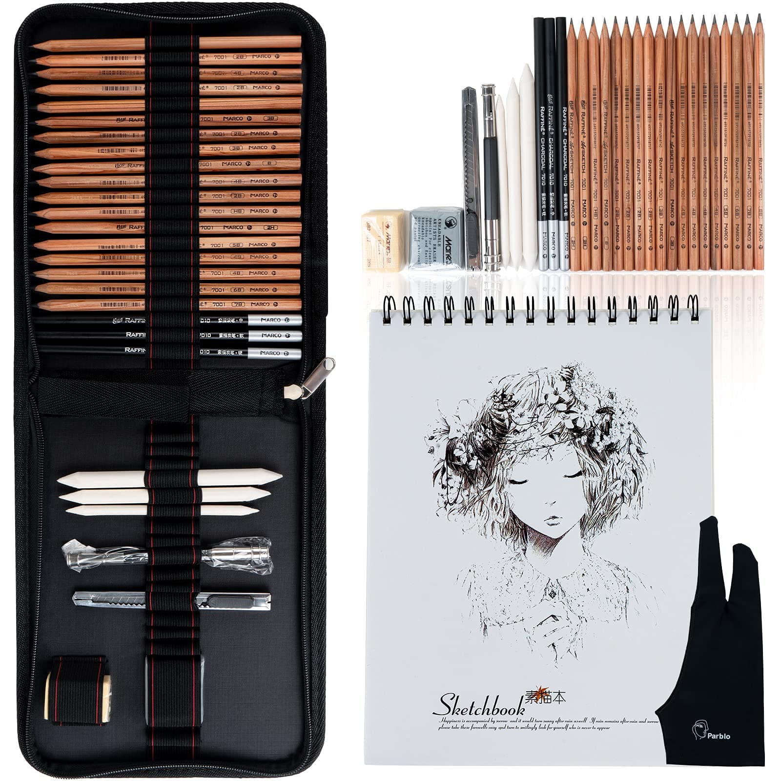 Arrtx31 Pieces Professional Art Supplies Kit with Graphite Pencils, Charcoal Pencils, with 50 Sheets Large Size Sketchbook, Blending Stumps, Portable Carry Case for Sketching Drawing-Lightwish