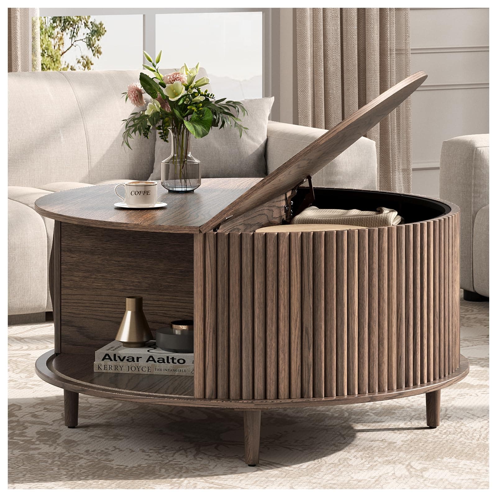JOINICE,Round Coffee Table with Storage, 31.5" Fluted Center Table for Living Room, Modern Walnut Wood Circle Drum Table with Sliding Cabinet Door, Mid Century Furniture for Small Space