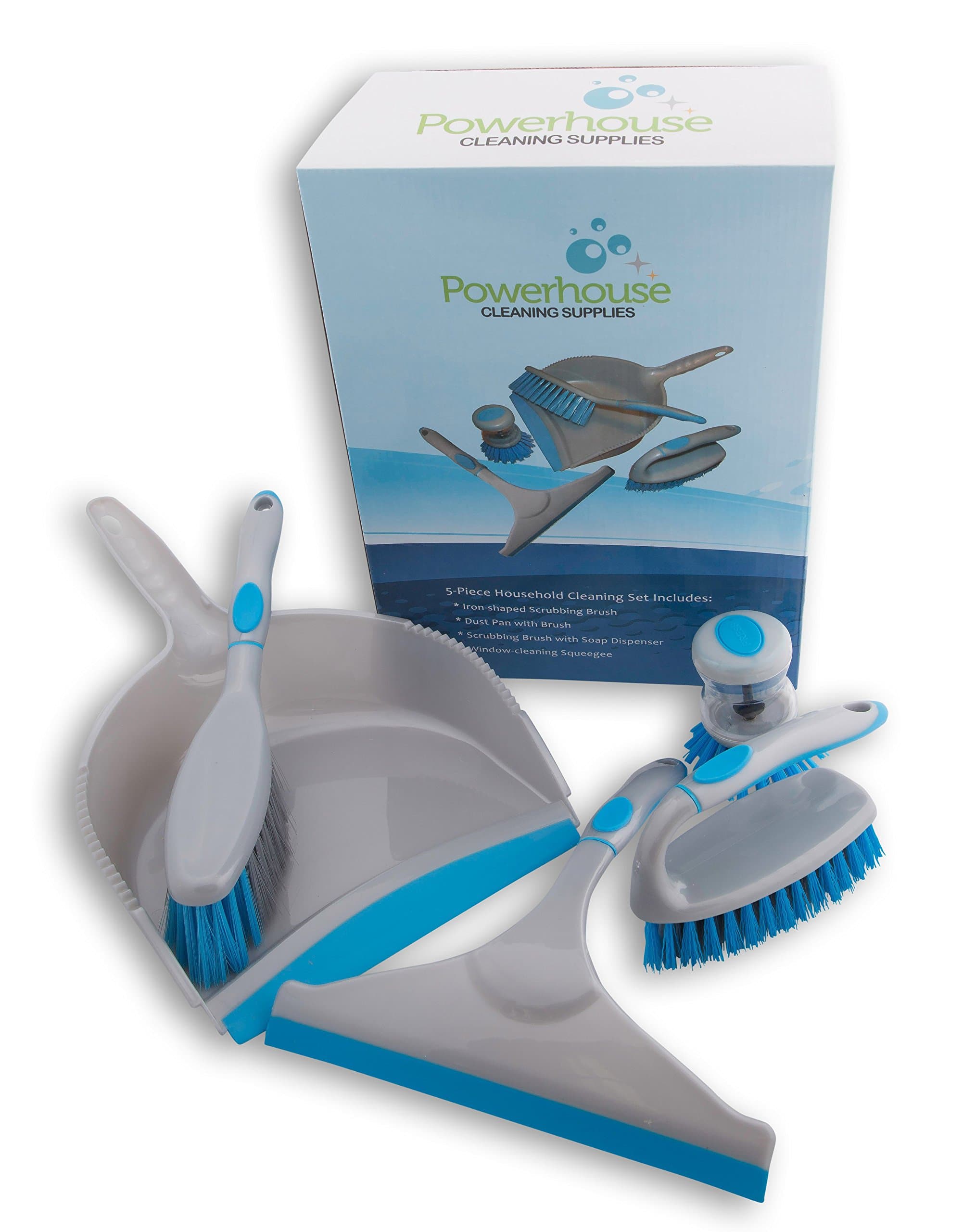 Household Cleaning Brushes You Need. 5-Piece Set with Dustpan & Brush, Squeegee, Sturdy Cleaning Brushes, Great for Bathrooms, Kitchens, Floors, Tile, Carpet, Dishes. Use in Home, RV, auto, Office.