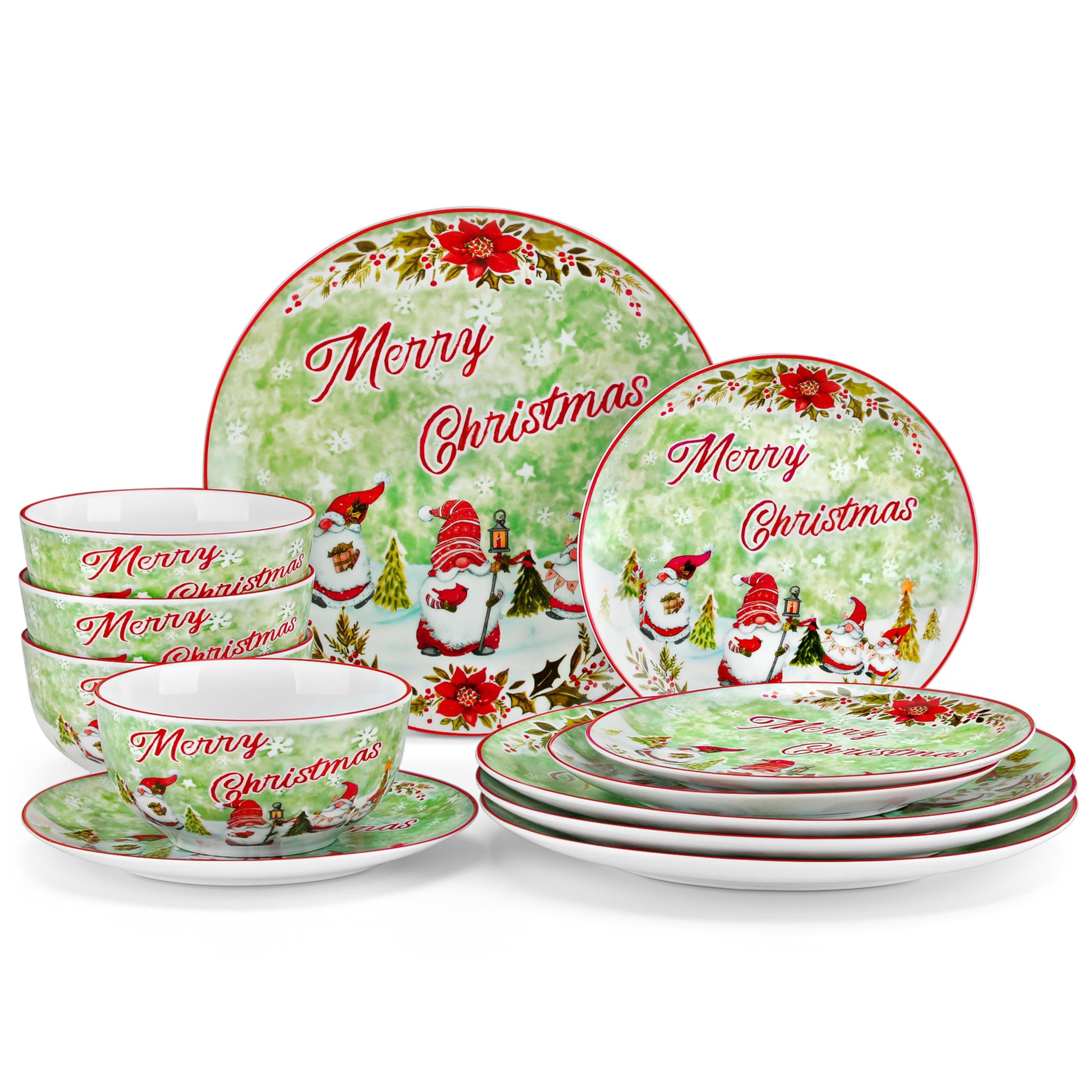 VEWEET Christmas Plates and Bowls Set for 4, 12 PCS Porcelain Dinnerware with Christmas Elf Design, Festive Holiday Dish Set, Microwave & Dishwasher Safe, Series XMAS