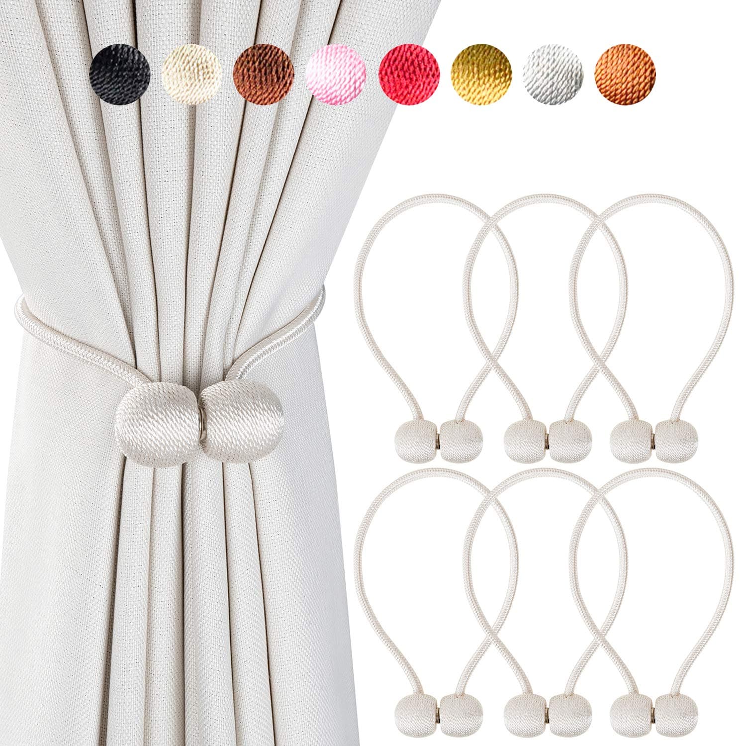 Giayouneer Curtain Tiebacks, Magnetic Curtain Buckle - 6 Pack 16 Inch Strong Magnetic Window Clips Tie Band Backs Holders, European Style Simple Modern - 3 Pairs （ Beige ）