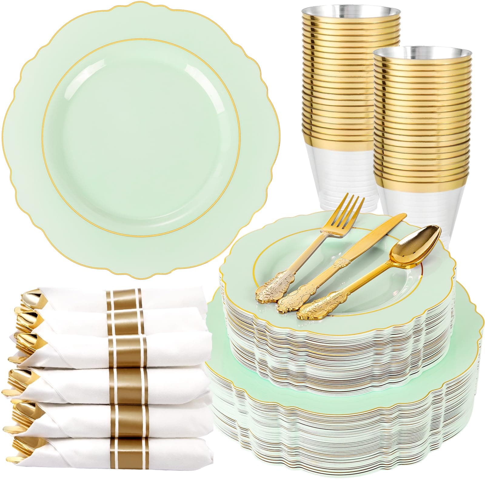 350PCS Light Green Plates - Disposable Green and Gold Plastic Plates 50guest Baroque Dinnerware include 100Plates,50Pack Pre Rolled Napkins with Silverware 50Cups for Wedding ＆ Easter Day
