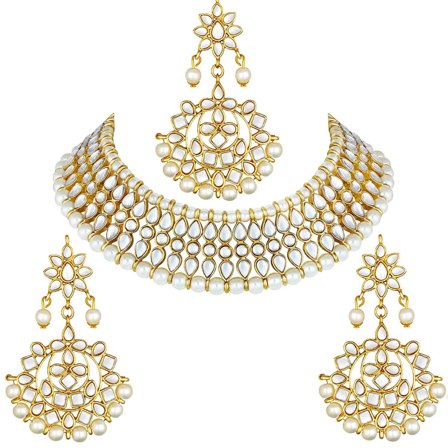AheliFaux Kundan Pearl Necklace with Earring Maang Tikka Indian Traditional Bollywood Fashion Jewelry Set for Women