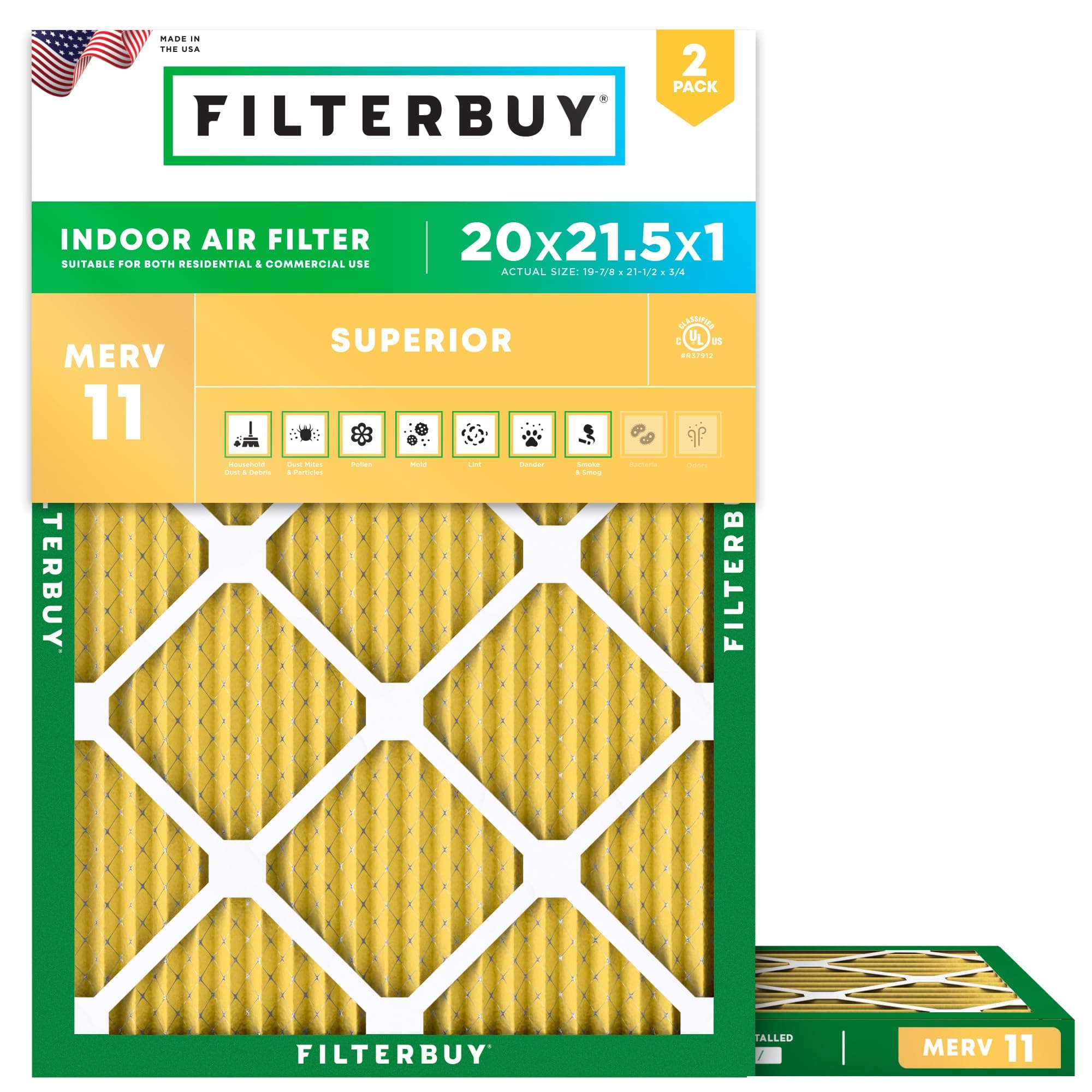 Filterbuy 20x21.5x1 Air Filter MERV 11 Superior Pet & Allergy Defense (2-Pack), Electrostatic Pleated HVAC AC Furnace Filters Replacement (Actual Size: 19.88 x 21.50 x 0.75)