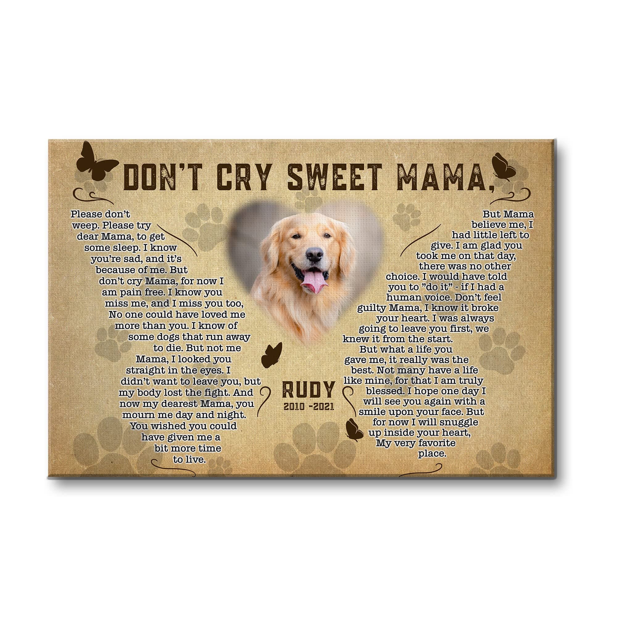 Shopbench Personalized Dog Memorial Canvas, Don't Cry Sweet Mama Gift For Loss of Dog, Photo Sympathy Personalized, Pet Rainbow Bridge Poem 12 x 16 Inch