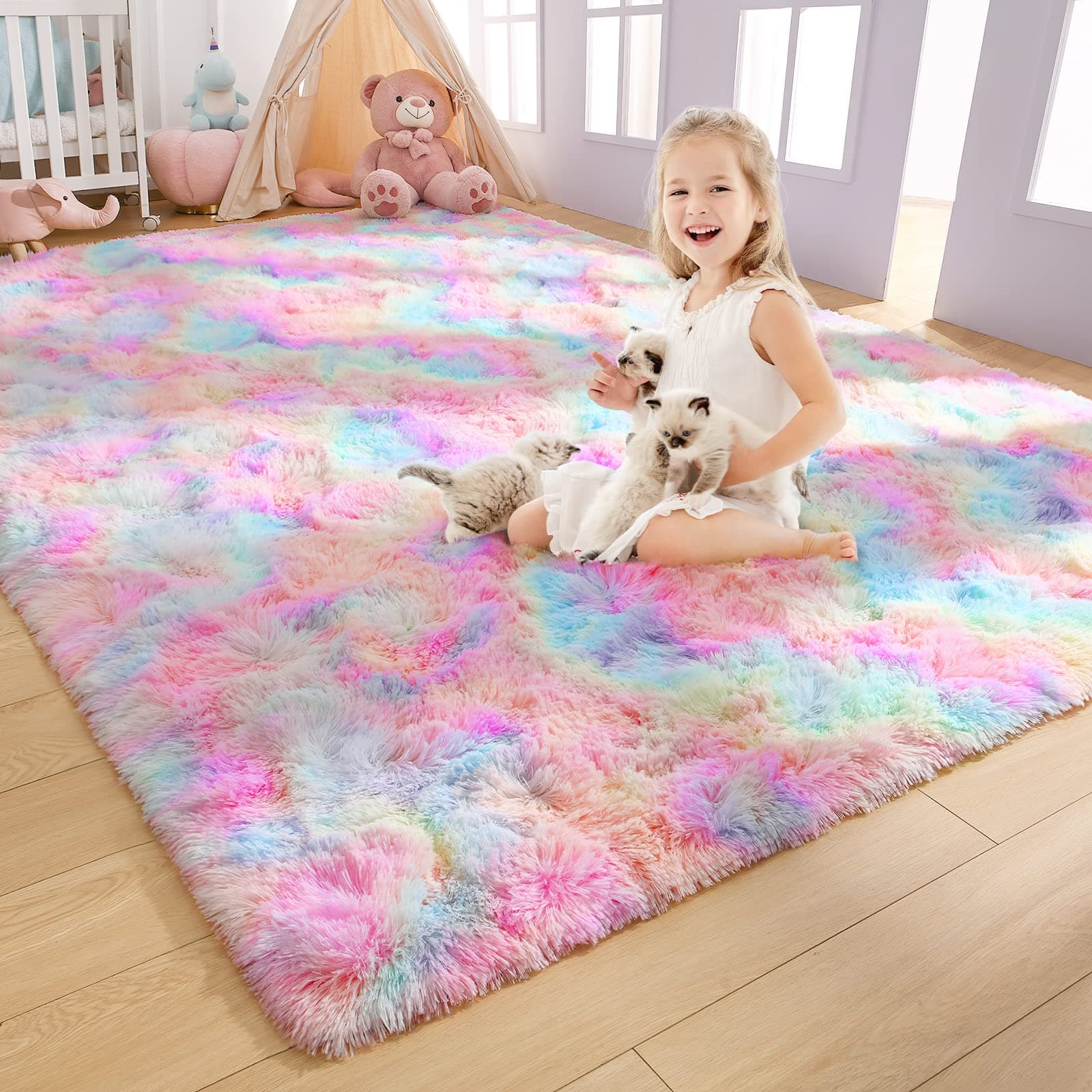 AROGAN Luxury Fluffy Girls Rug for Bedroom Kids Room 3 x 5 Feet, Super Soft Rainbow Area Rugs Cute Colorful Carpet for Nursery Toddler Home