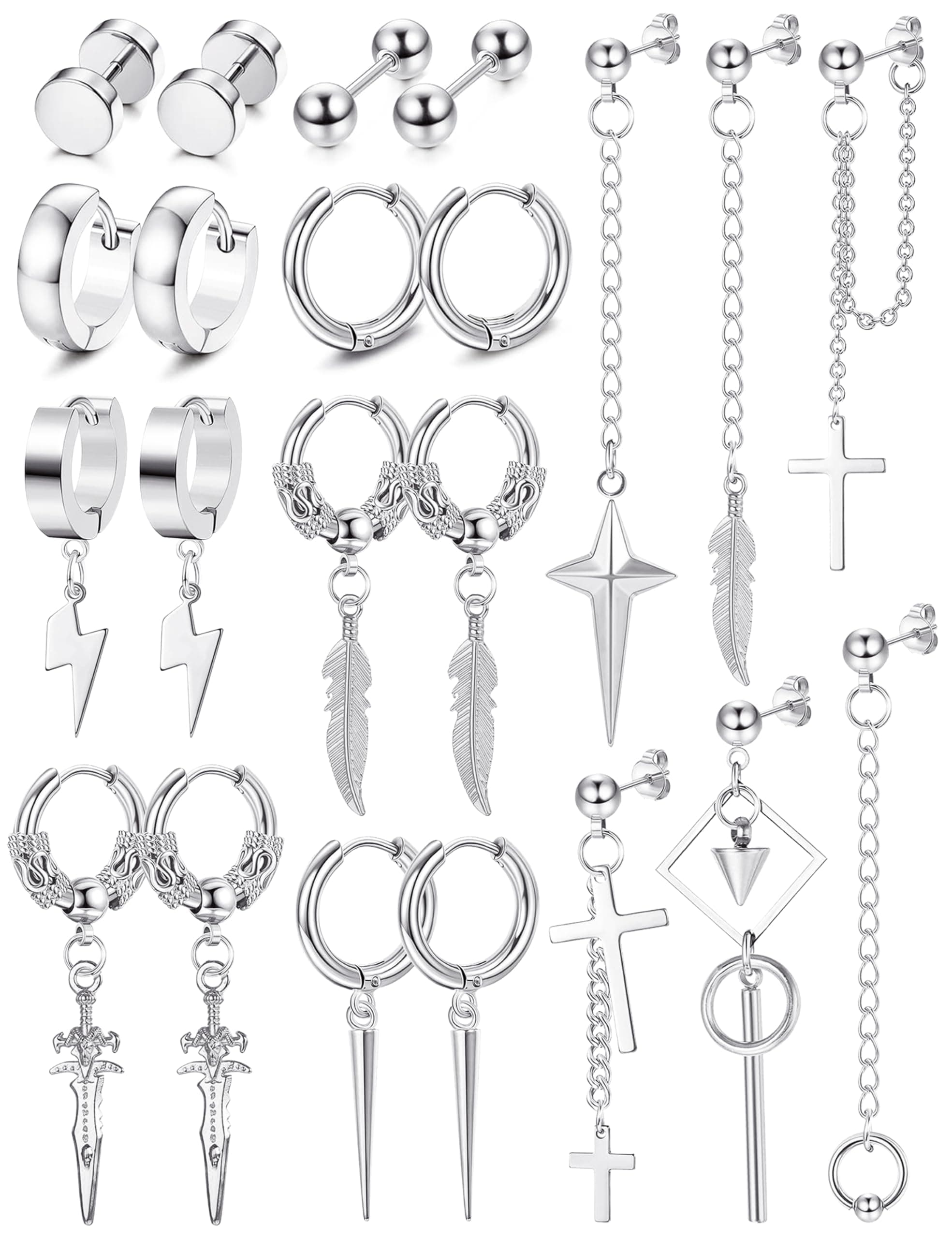 22Pcs Dangle Earrings for Men Stainless Steel Hinged Hoop Earrings Long Chain Stud Cross Dangle Earrings Set Kpop Earrings for Mens