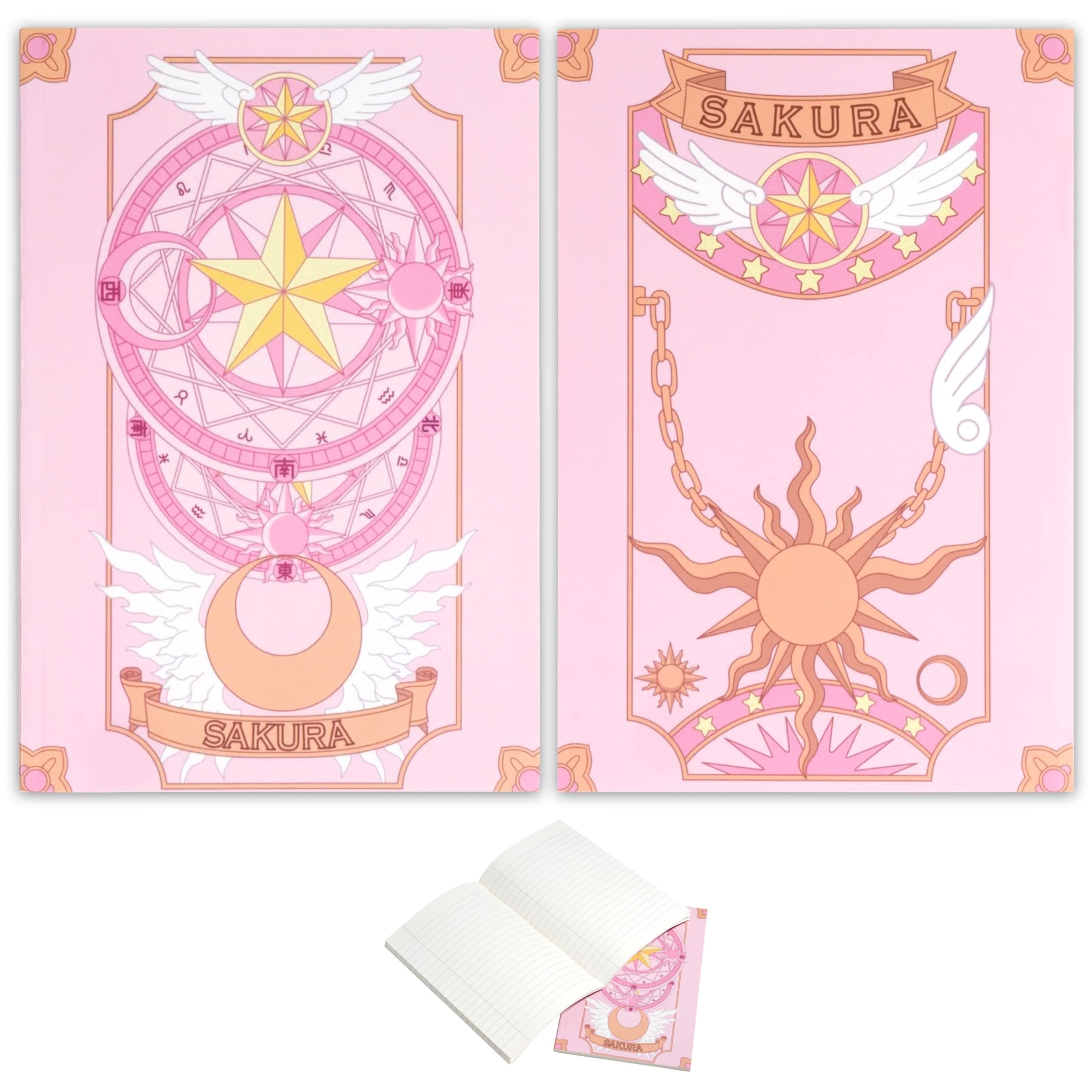 Sakura Anime Notebooks | Japanese Manga Kawaii Stationary Design for Girls Women | Cardcaptor Japanese Pastel Star Moon Wings Design | Ruled Lined Cute Travel Journal | Pack of 2 (Pink)