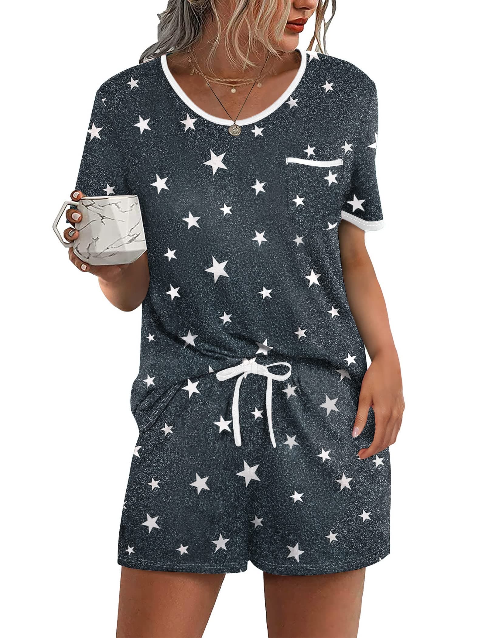 Pajama Set for Women 2 Piece Lounge Set Short Sleeve Tops and Shorts Soft Sleepwear, Chest Pocket