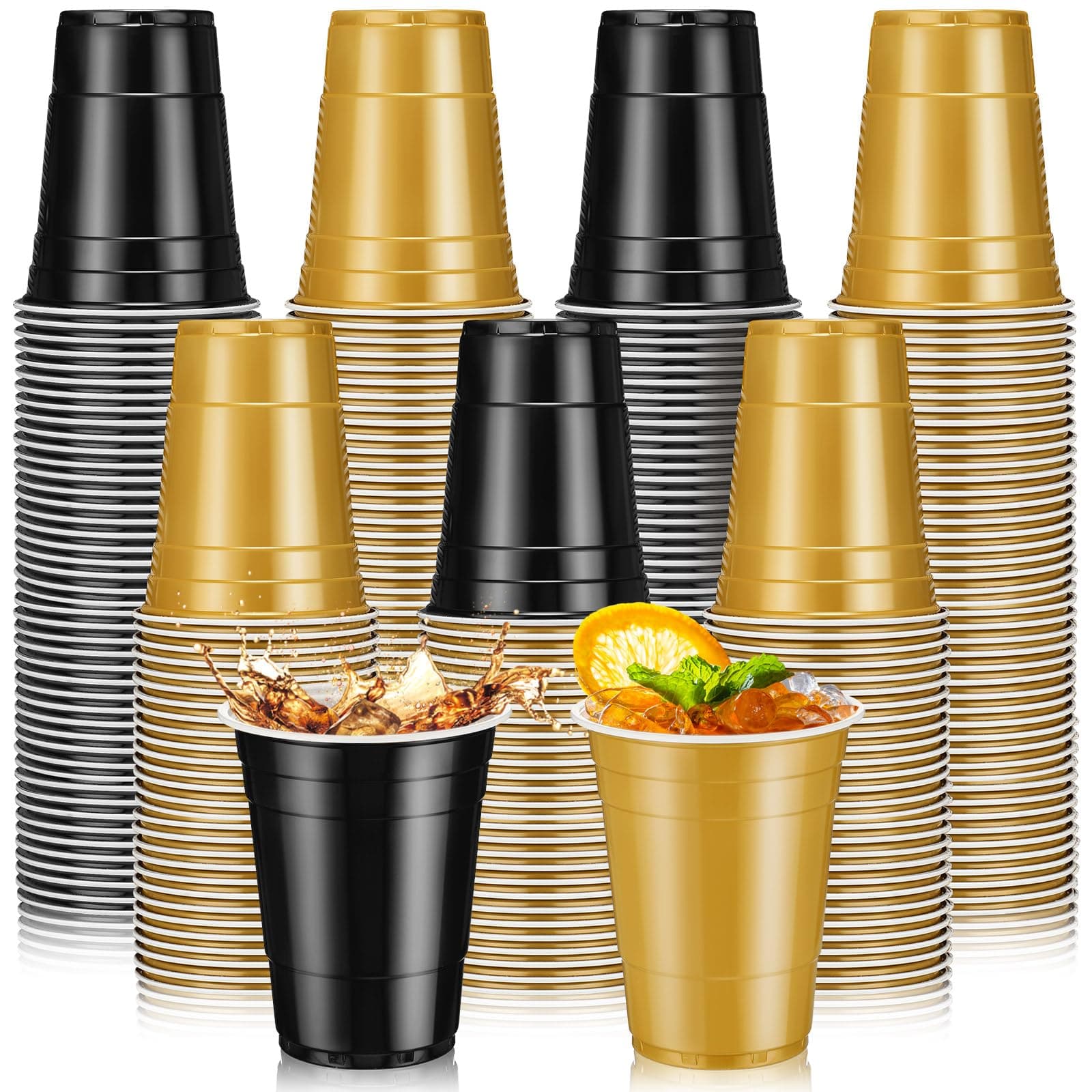 Lounsweer 100 Pack 16 Ounce Christmas Plastic Party Cups Disposable Heavy Duty Drinking Water Cups for Holiday Christmas Festival Wedding New Year Birthday Party Supplies(Black, Gold)