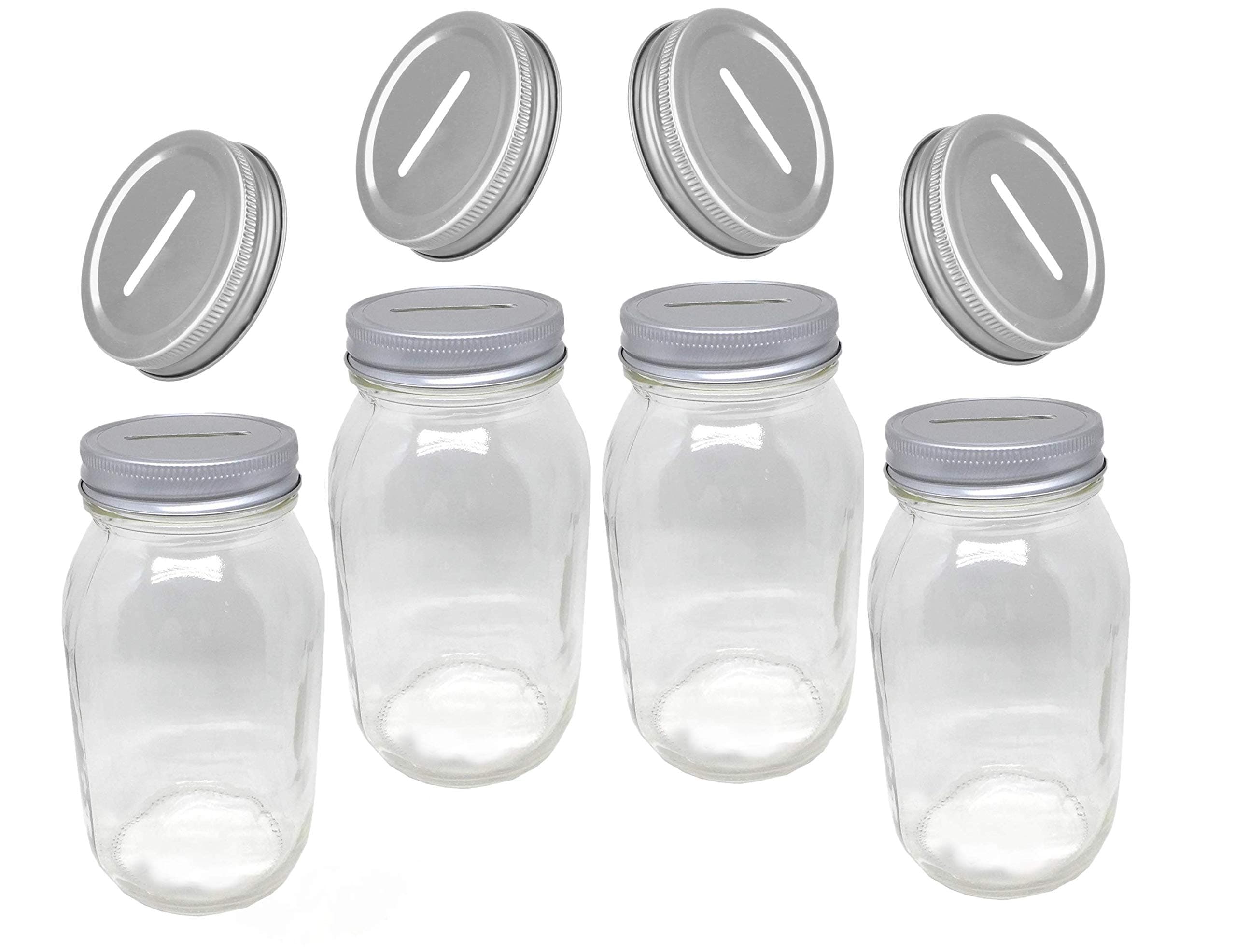 Carca Glass Piggy Deposit Jars Money Savings Bank, for Boys, Girls, Kids, Adults, of Regular Mouth, Smooth Sided Mason Jar with Slotted Lids, for All Ages, Family Fun Pack, 4 Set, 16 & 32 Oz. (Quart)