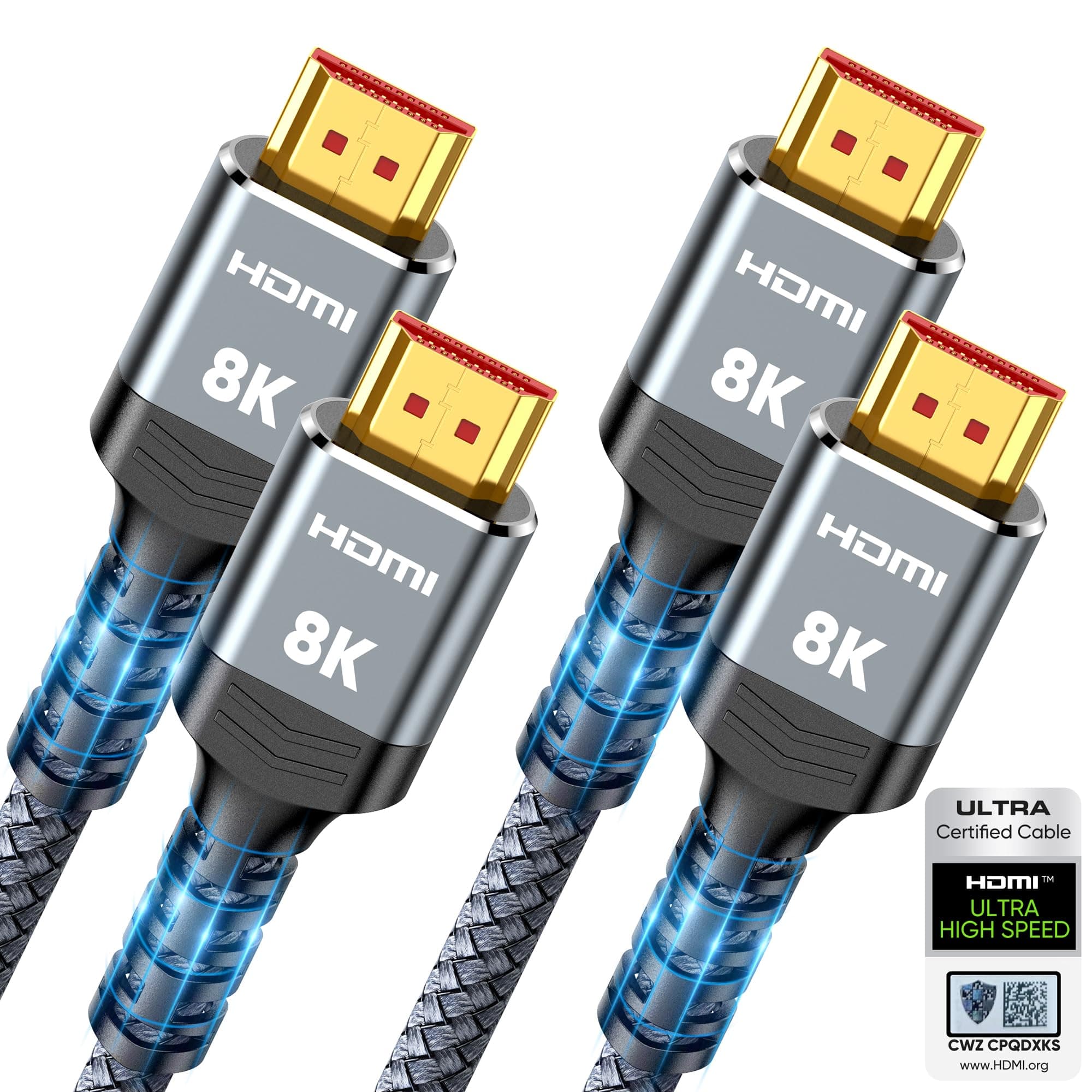 Highwings 10K 8K HDMI 2.1 Cable 2-Pack 6.6FT, Certified 48Gbps Ultra High Speed Slim HDMI Cord, Support 4K@120Hz 8K@60Hz, HDCP 2.2&2.3, Dynamic HDR,eARC,DTS:X, Compatible with Roku TV/HDTV/PS5/Blu-ray
