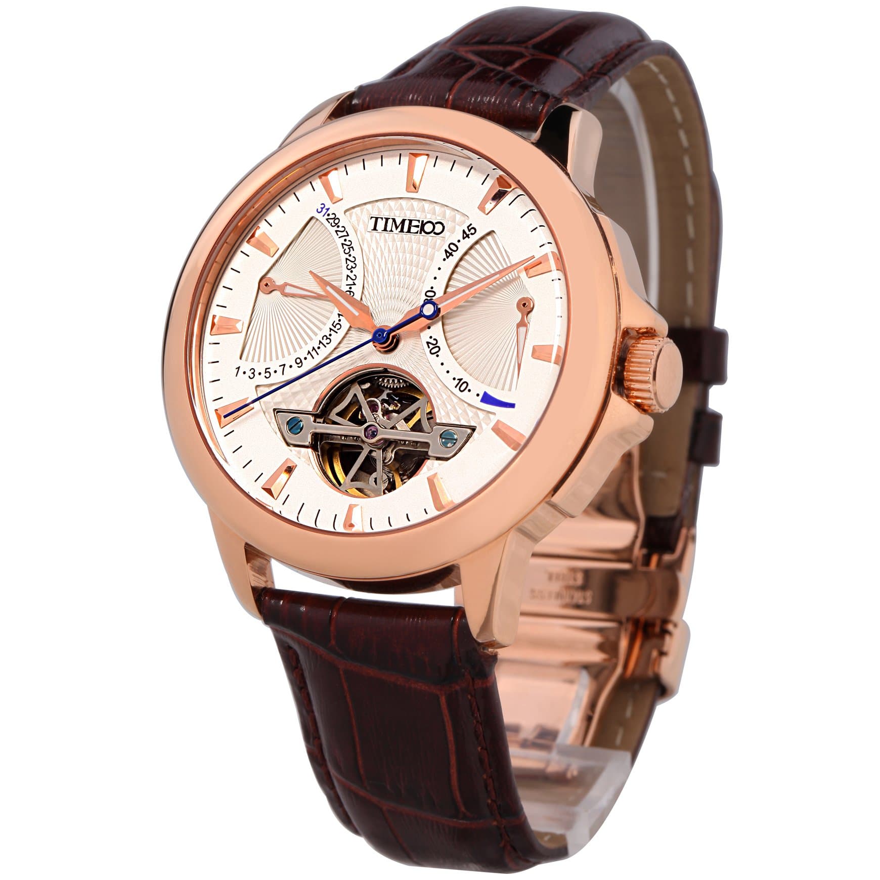 Men's Automatic Watch Navigator-Series Tourbillon-Style Dual Time Zone Business Calendar Mechanical Watch Leather Strap