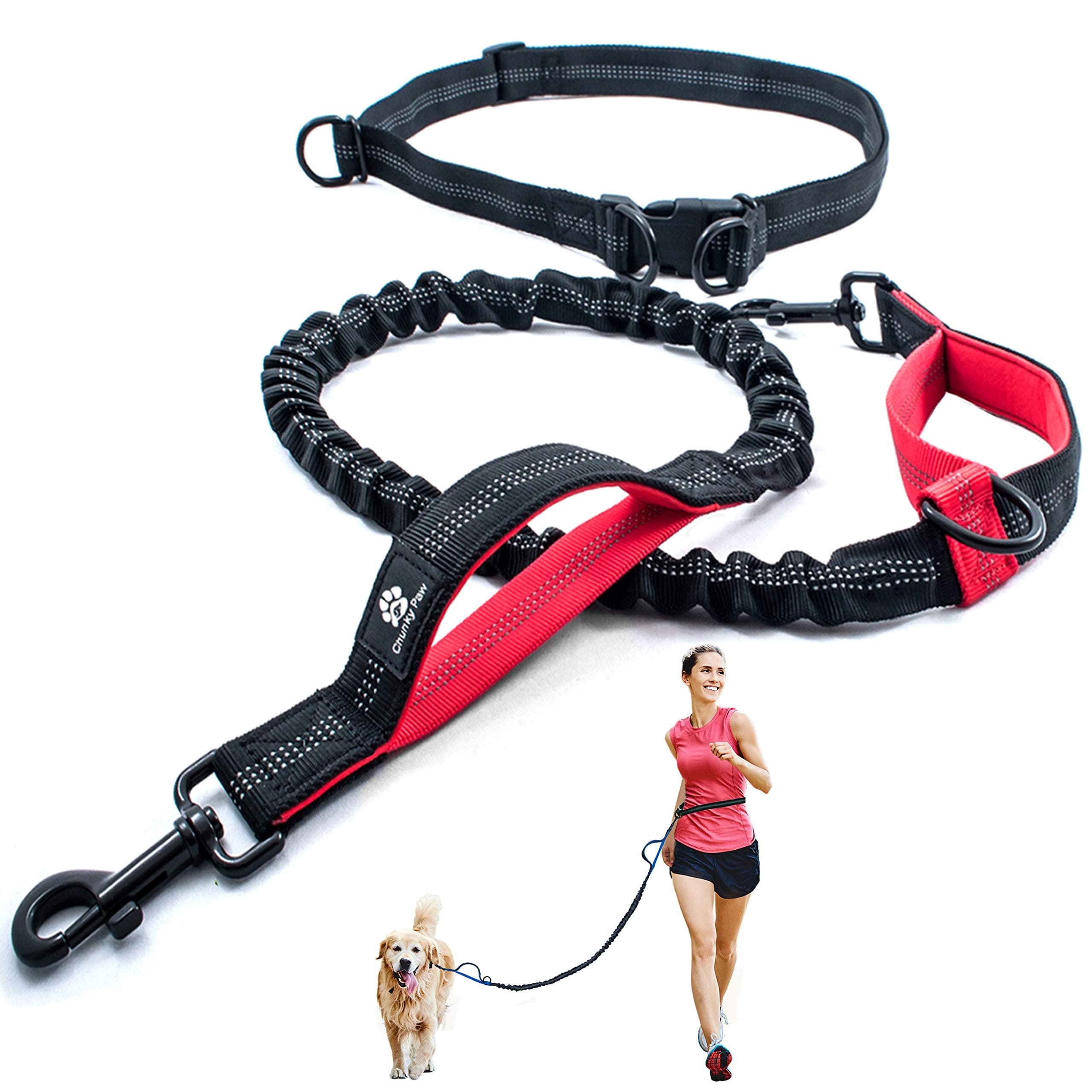 Hands Free Dog Leash for Medium and Large Dogs - Durable Dual Handle Waist Leash with Reflective Bungee for Running, Walking, Training, Hiking (Red, for 1 Dog)