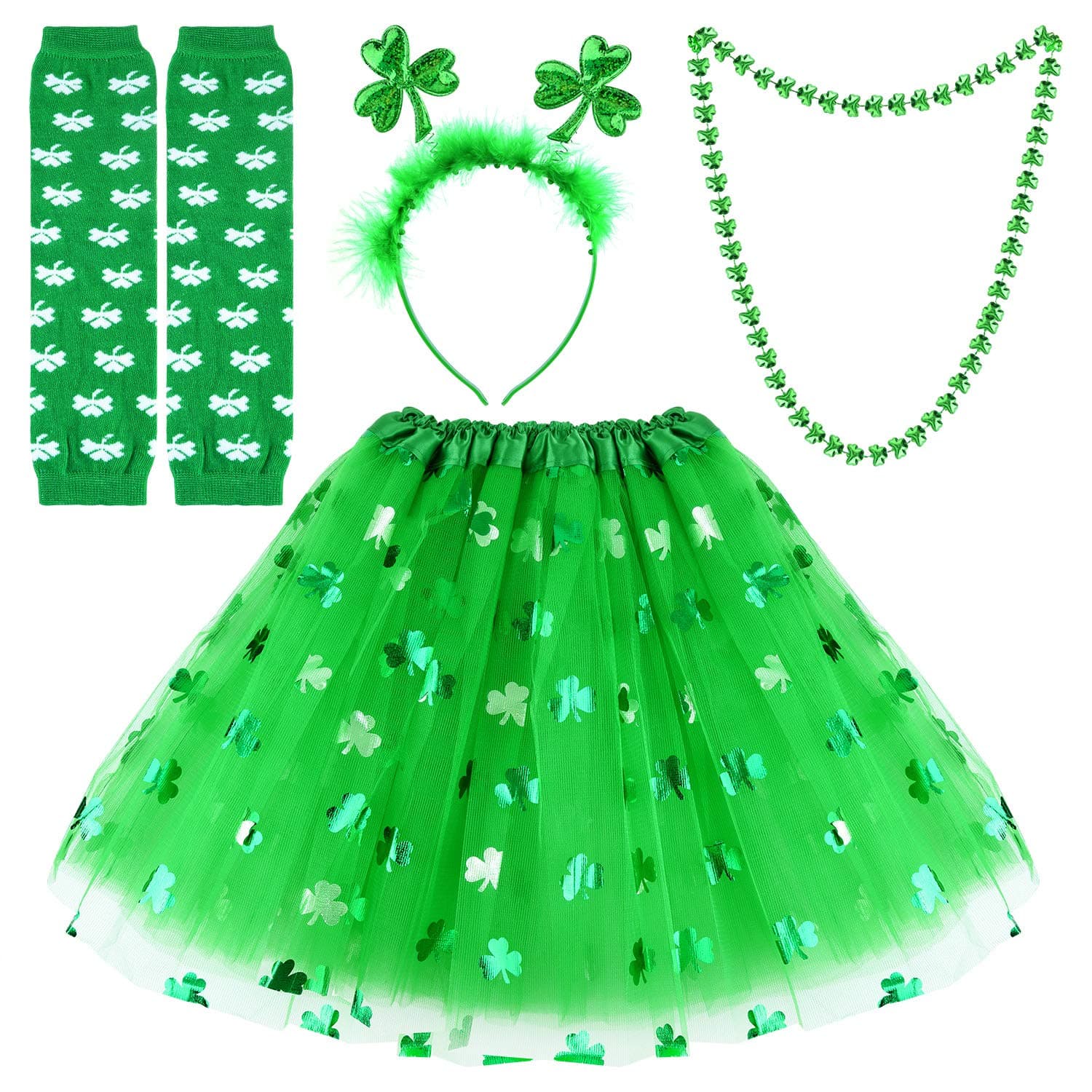 FEPITO St.Patrick's Day Parade Costume Accessories Set Includes Shamrock Green Tutu Tulle Skirt and Shamrock Headband Necklace for St.Patrick's Day Decoration Party Supplies