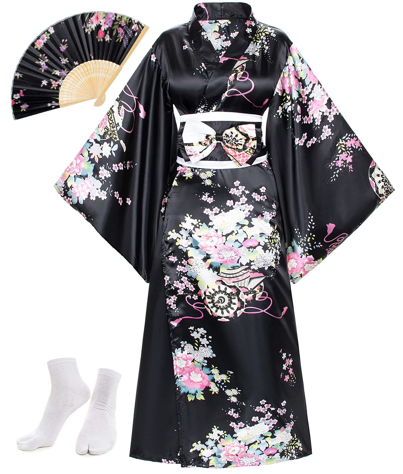 Japanese Anime Women's Kimono Robe Geisha Yukata Sweet Dress Blossom Satin Bathrobe Sleepwear Fans Tabi Socks Set