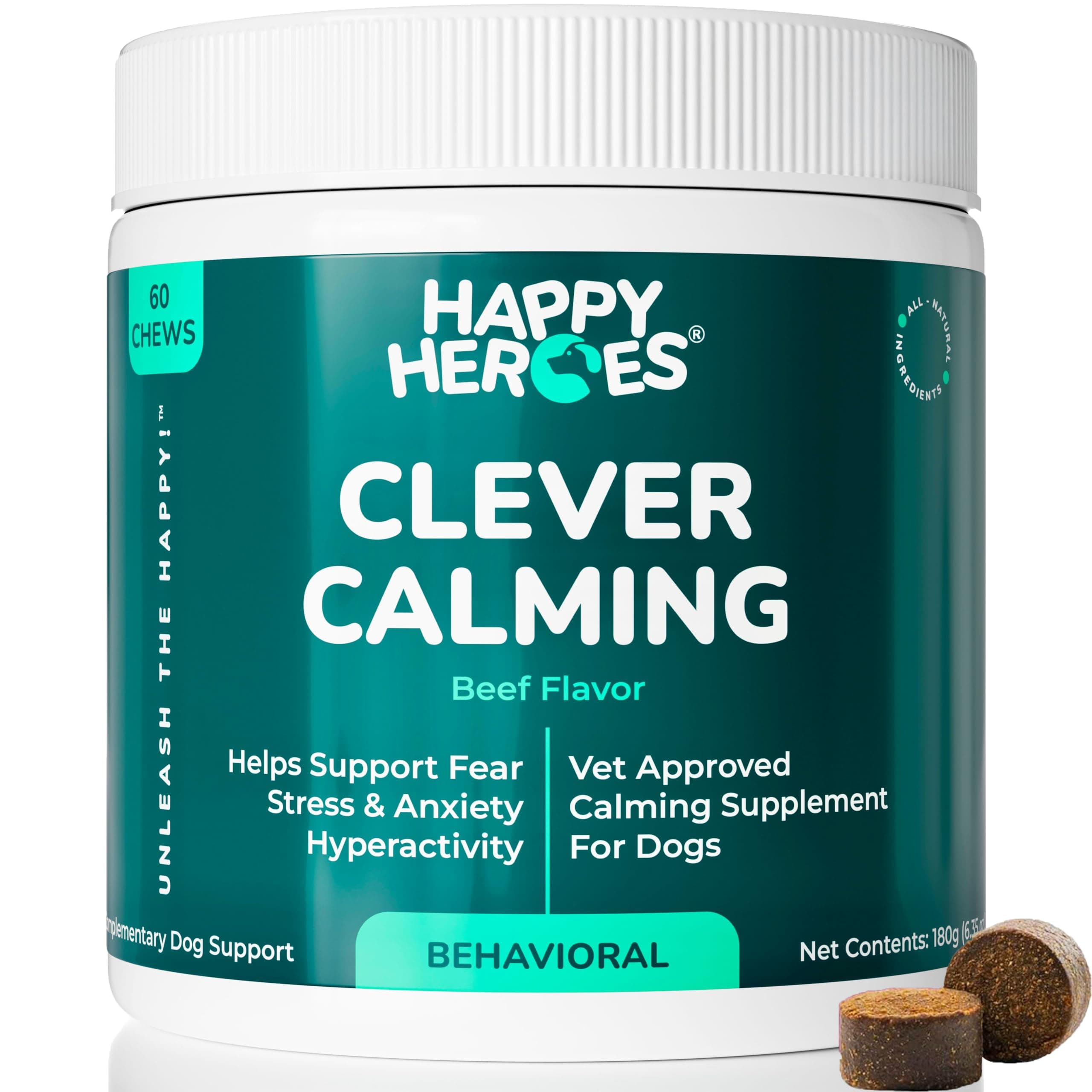 Clever Calming Chews for Dogs, 100% Natural Dog Supplement, For Anxiety Relief, Helps Stress, Fear, Hyperactivity, Reactivity, Beef Flavor Calming Dog Treats, Made in USA, 60 Soft Chews