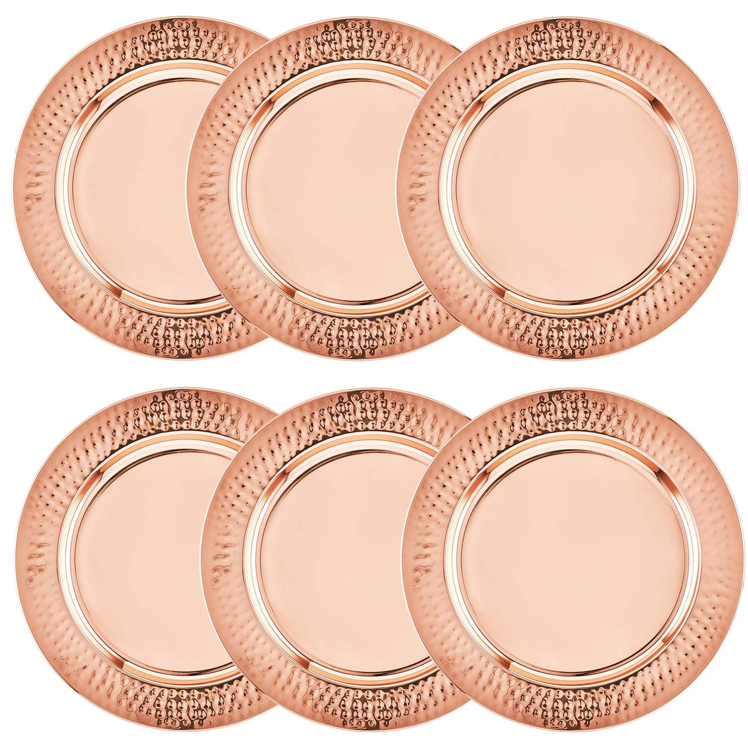 Copper Charger Plates - 6 Pack - 13 inch Rose Gold Charger Plates with Hammered Rim - Copper Plate Set