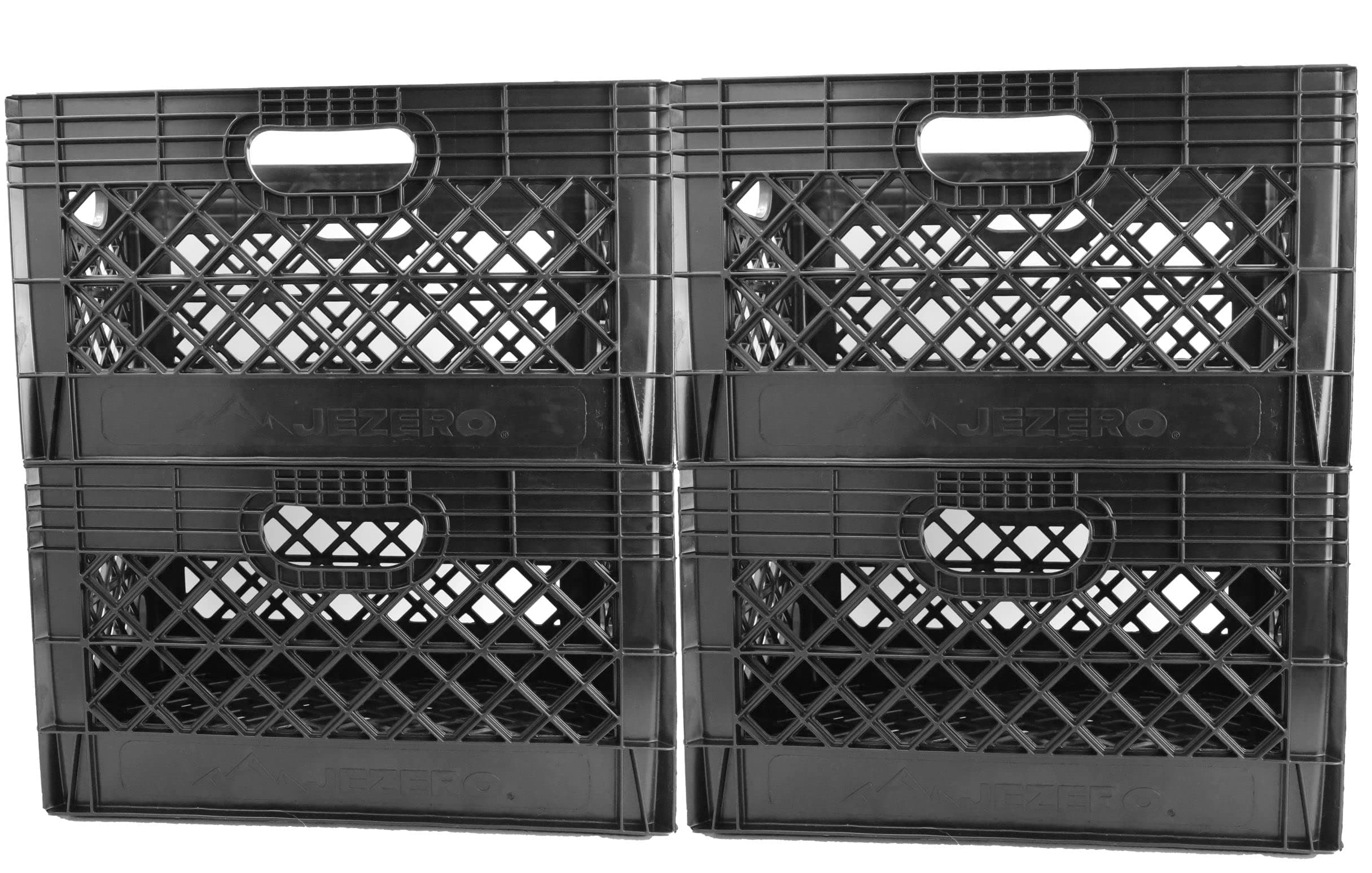 JEZERO Milk Crate for Household Storage: The Ultimate Storage Tote for Groceries, Garages, Kayaking & Outdoor, Stackable Storage | Black, Rectangle, 4-Pack, 13" x 11" x 19”