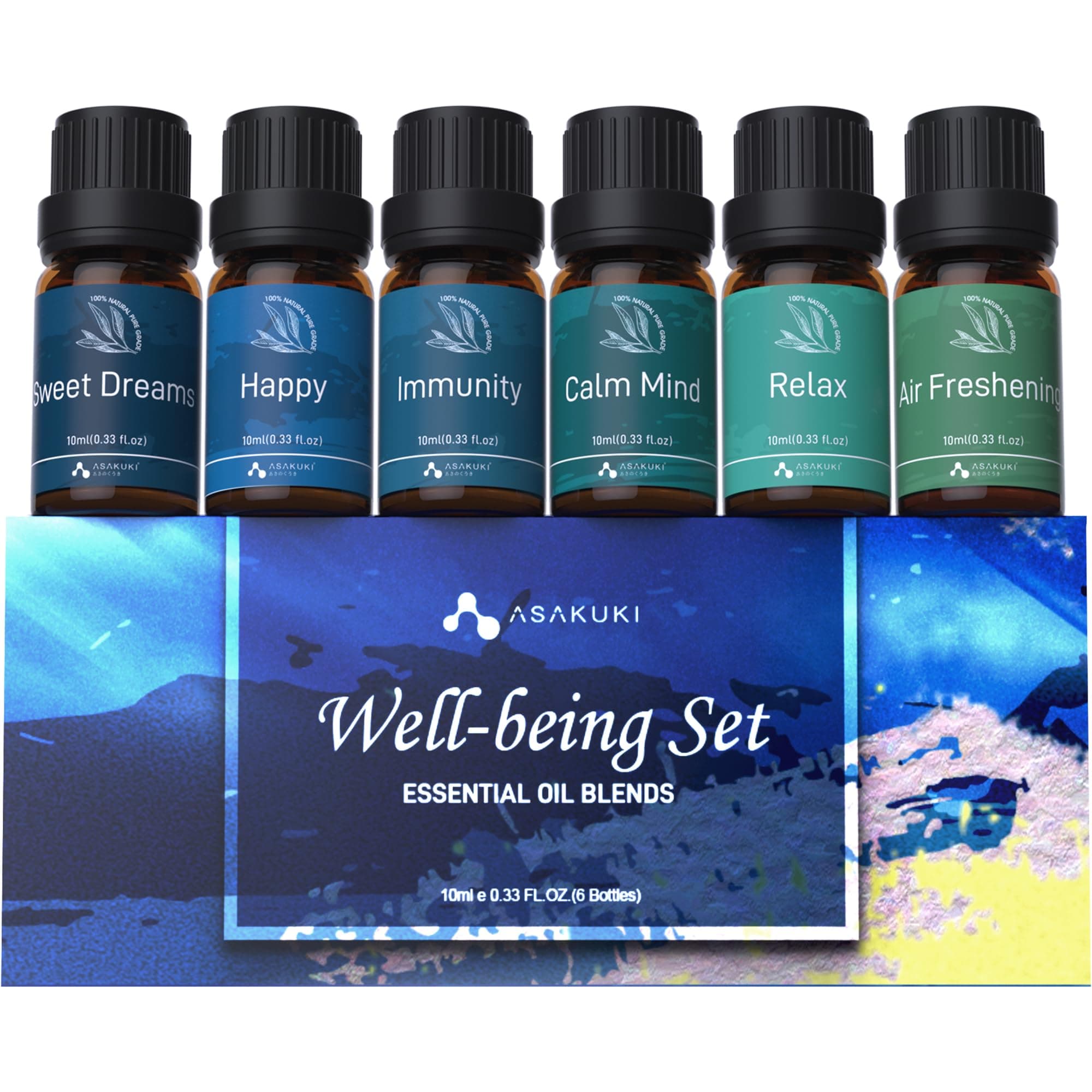 ASAKUKI Essential Oil Blends, Essential Oils for Diffusers for Home, Well-Being Kit- Calm Mind, Sweet Dreams, Happy, Relax, Air Freshening, Immunity for Aromatherapy, Humidifiers, Massage, 6x10ml