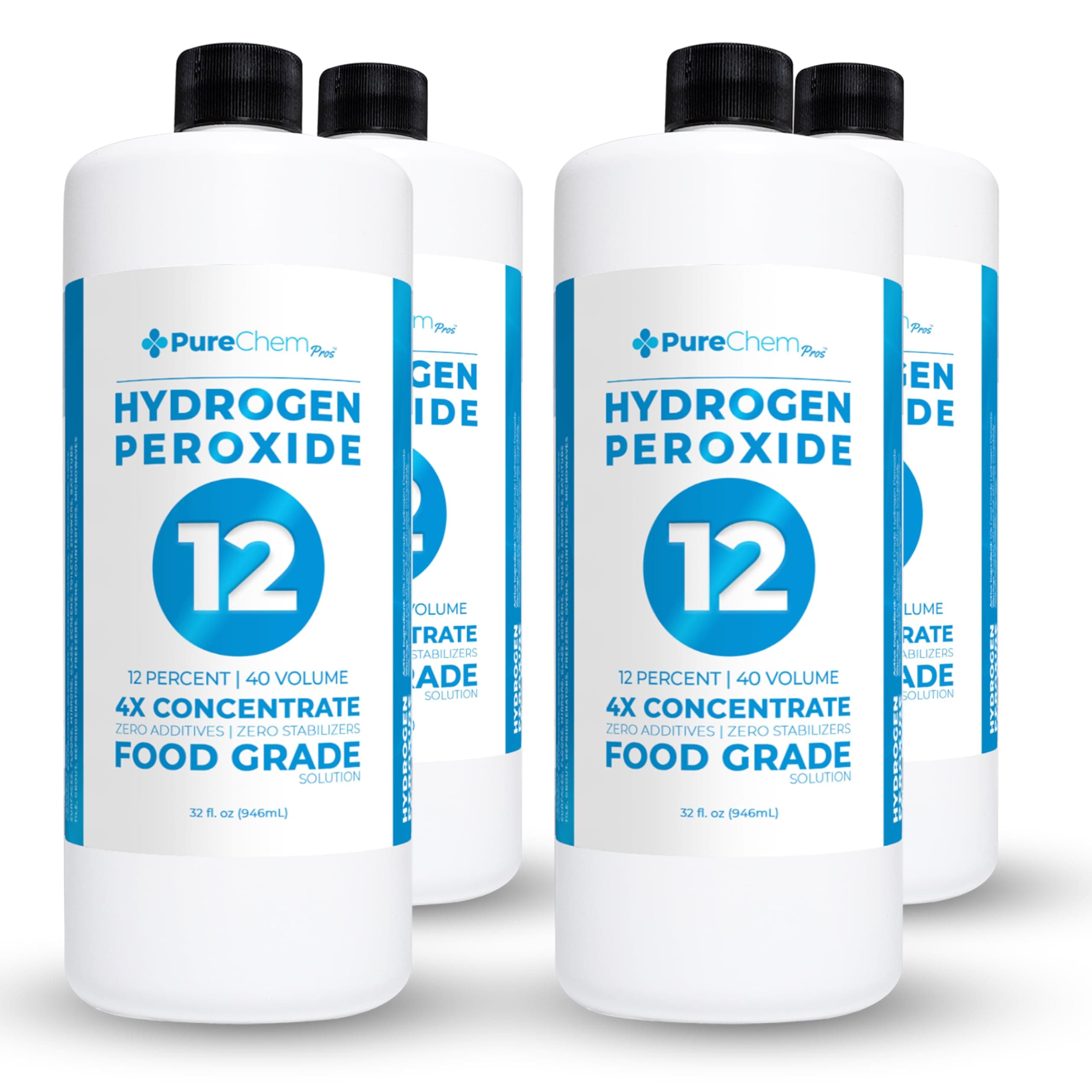 Hydrogen Peroxide 12 Percent (32oz 4 Pack) - Hydrogen Peroxide Cleaner - Dilute and Spray 12% Hydrogen Peroxide on Counters, Bathtubs, Floors or Carpets - Food Grade Hydrogen Peroxide 12 Percent