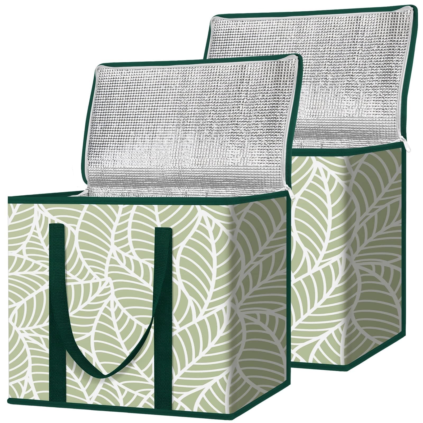 2Pk Insulated Reusable Grocery Bags, Collapsible Cooler Bag for Groceries, Heavy Duty Large Insulated Bag (16''x9''x13'', Antique Foliage)