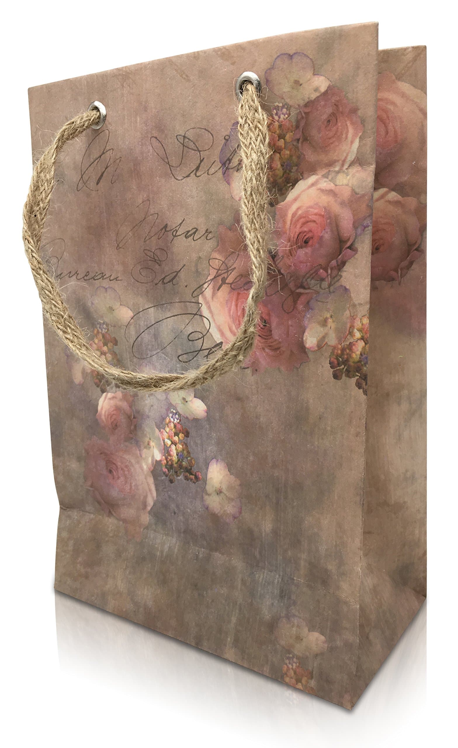 Gift Bags for Women Qty. 10 Burlap Jute Handles - Bulk Paper Bags for Bridesmaid Wedding Bridal Shower Girl - Large Party Shower Unique Kraft Bags - Romantic Bohemian Artisan (France Flower)