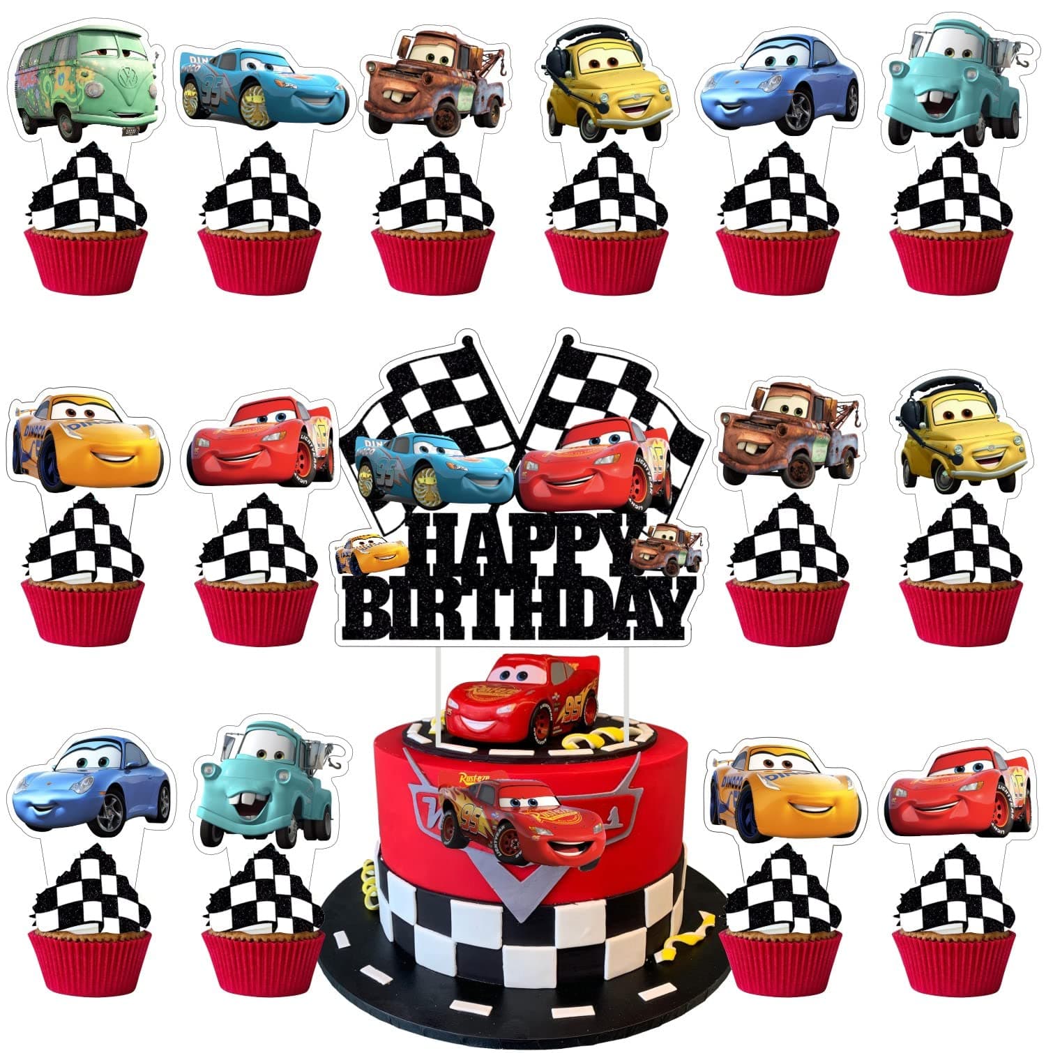 25 Pcs Race Cars Cake Decorations with 24pcs Cars Cupcake Toppers, 1pcs Cake Topper for Boys and Girls Kids Birthday Party Supplies Decor