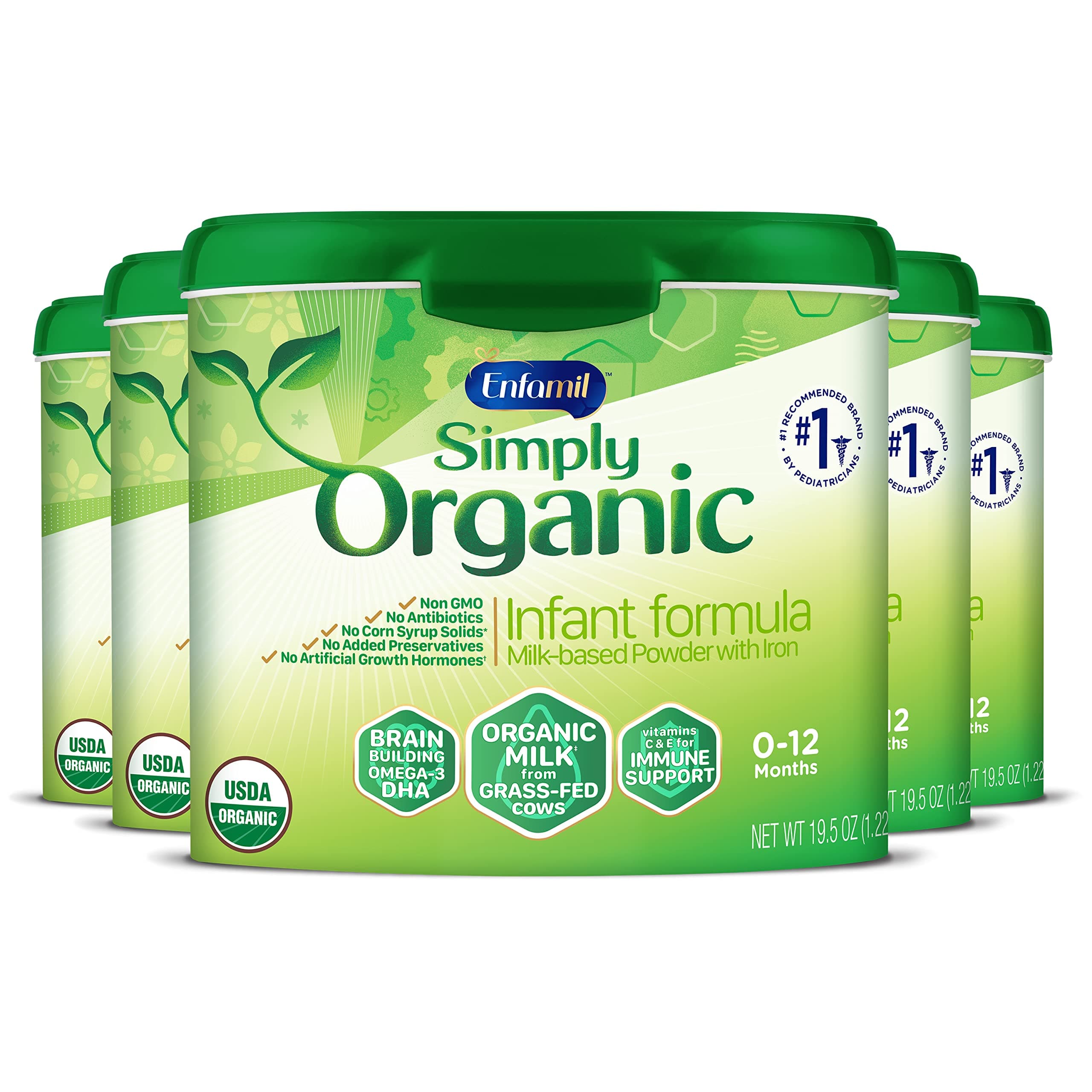 Organic Baby Formula, Simply Organic by Enfamil, Organic Milk from Grass-Fed Cows, Milk-Based Powder with Iron, Non-GMO, Powder Tub, 19.5 Oz, Pack of 5