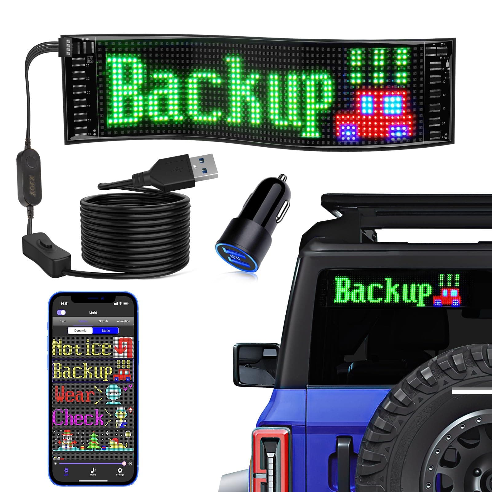 KJOY USB 5V LED Sign, Bluetooth, App Control, Flexible, Programmable Custom Text Pattern Animation Scrolling Display for Car, Store, Party, Bar, Hotel, Concert, 14.6''x3.6''