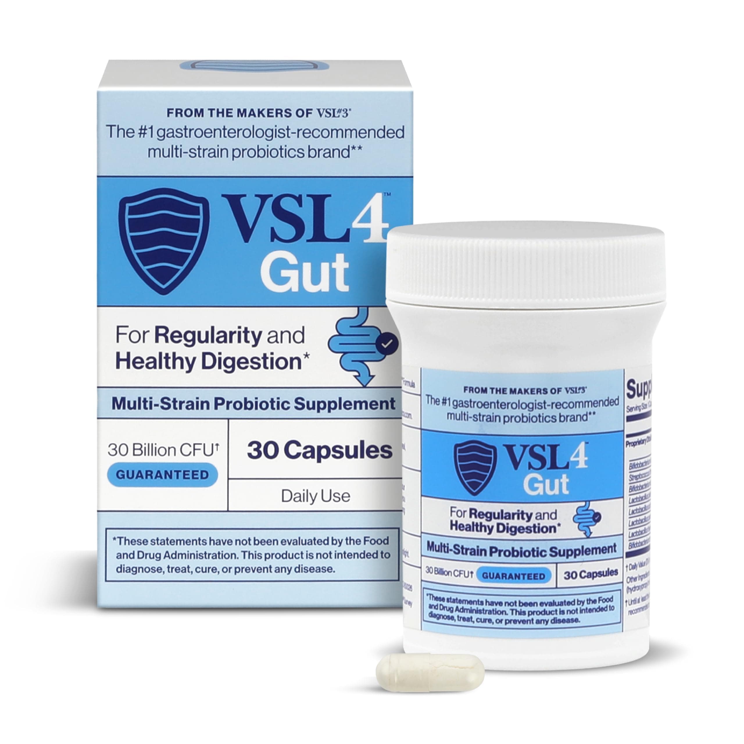 - VSL4® Gut Daily Probiotics for Gut Health - 30B CFUs, Multi-Strain Digestive Support for Women & Men, Promotes Gut Balance & Regularity, Potent, Shelf-Stable Probiotic Supplement, 30 Capsules