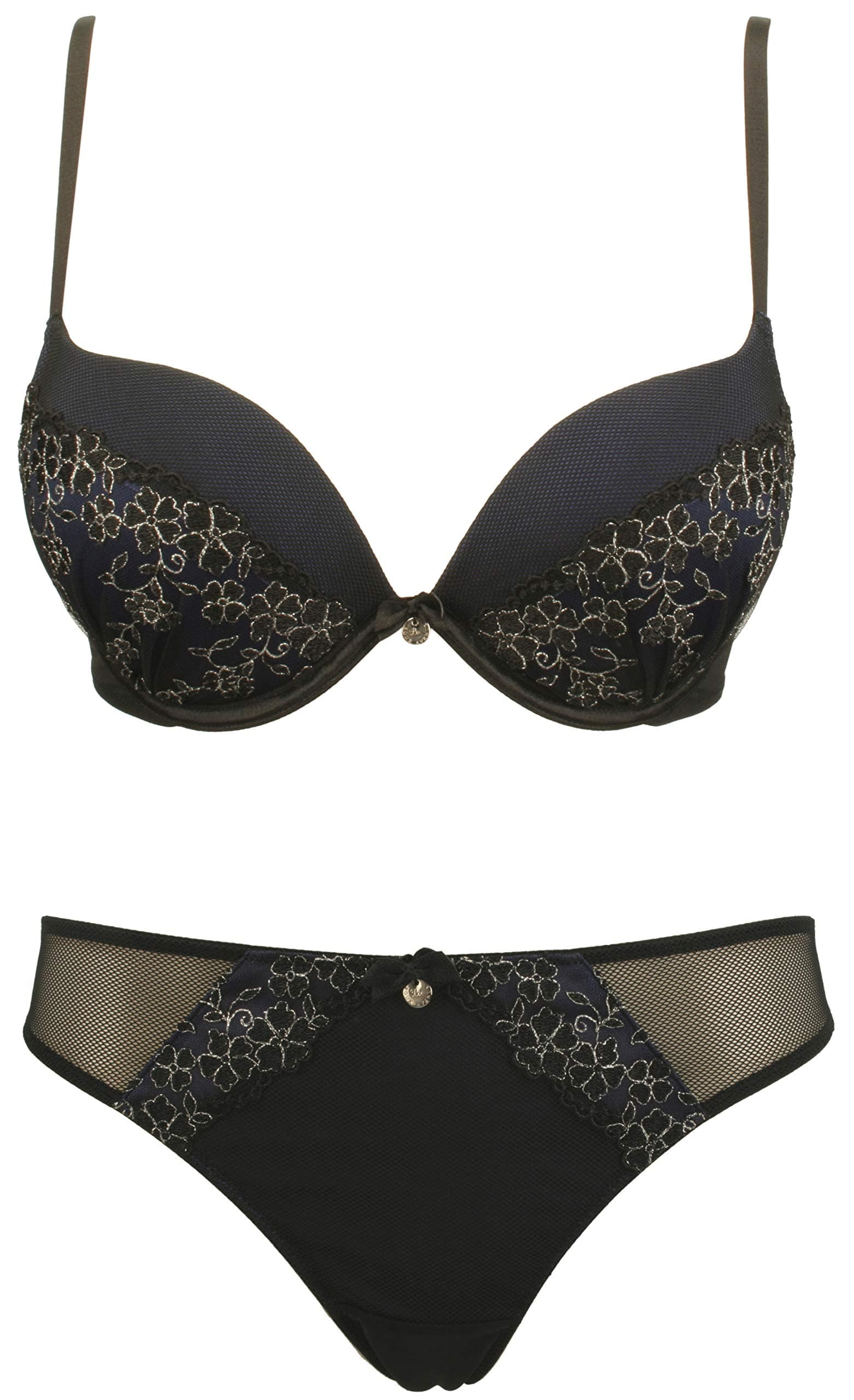 Ex-Store Ultraboost Floral Mesh Bra & Thong Set Black & Navy Blue