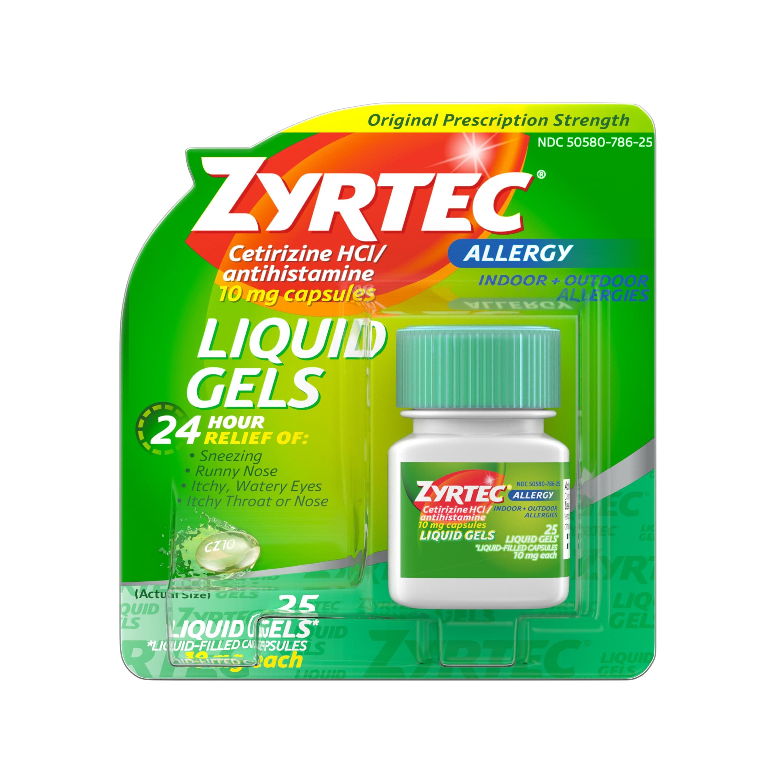 Zyrtec 24 HR Indoor/Outdoor Allergy Relief Liquid Gels Capsules, Cetirizine HCI Antihistamine, 25 ct