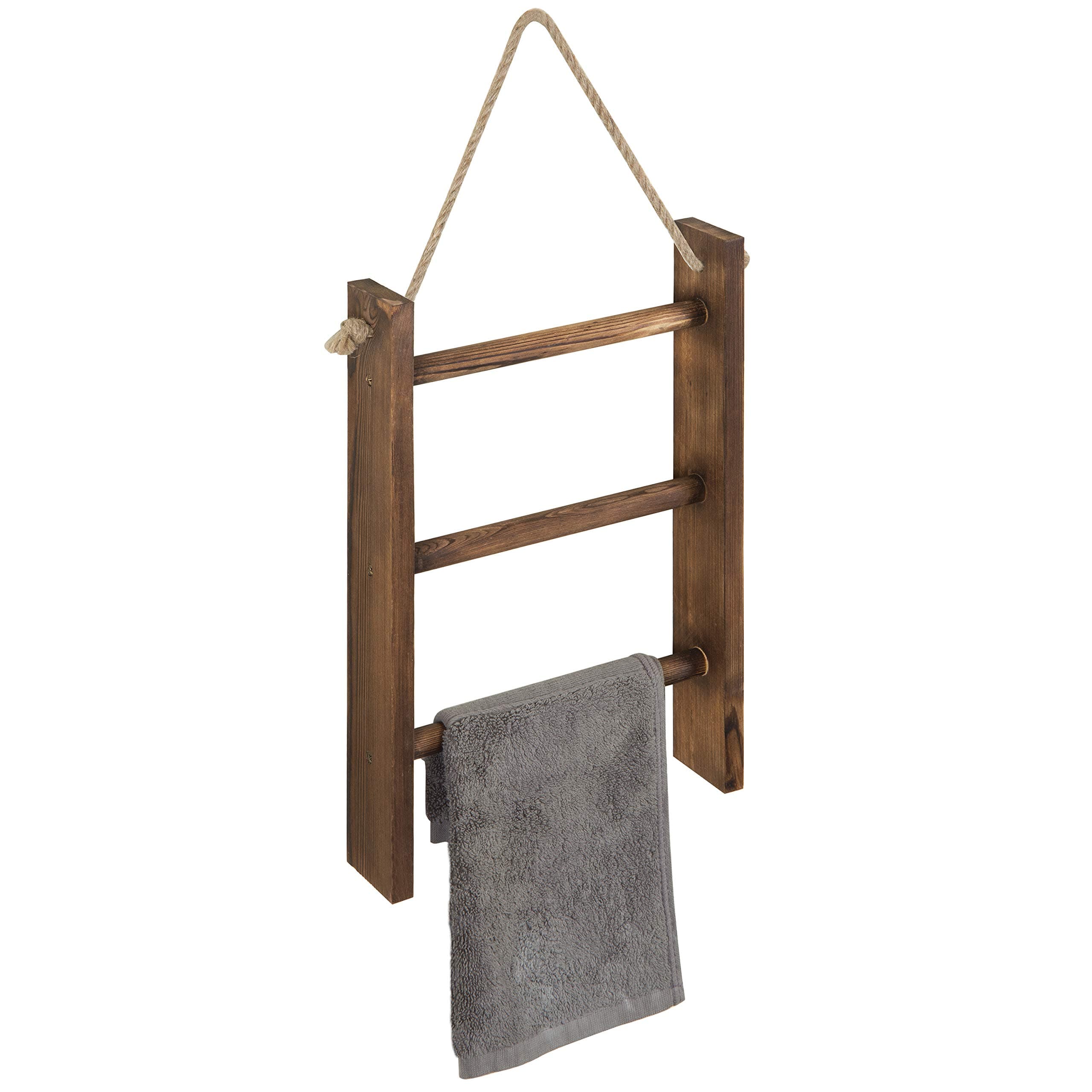 MyGift Rustic Dark Brown Wood Wall Hanging 3 Tier Hand Towel Ladder Rack, Bathroom Towel Storage Rack with Top Rope