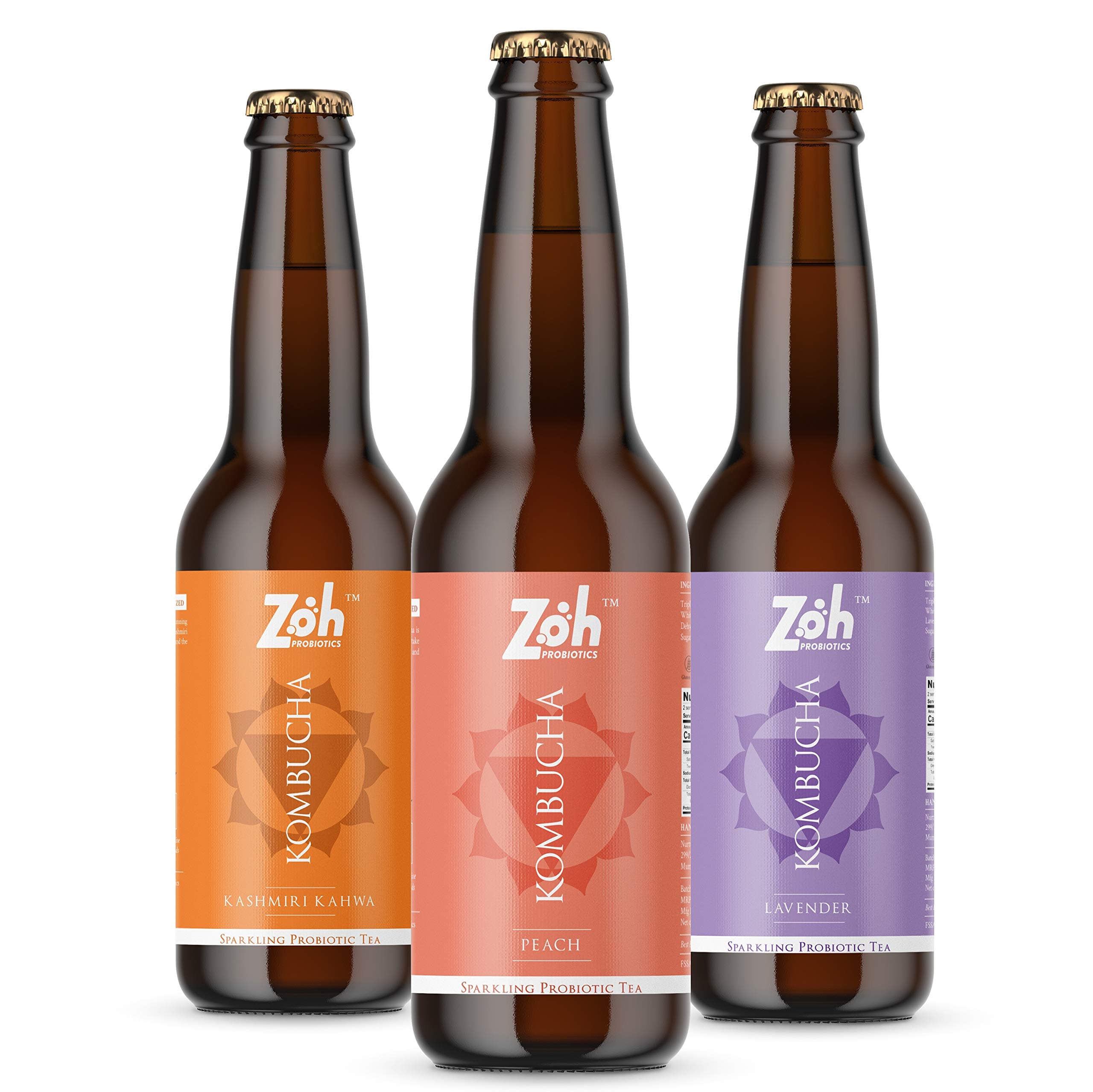 Zoh Probiotics Kombucha-(330Ml,Pack Of 3) Peach,Lavender&Kashmiri Kahwa Kombucha. Probiotic&Antioxidant Rich Raw Sparkling Tea,Low Sugar,Vegan,&With Gut Healing Active Cultures.,330 milligrams