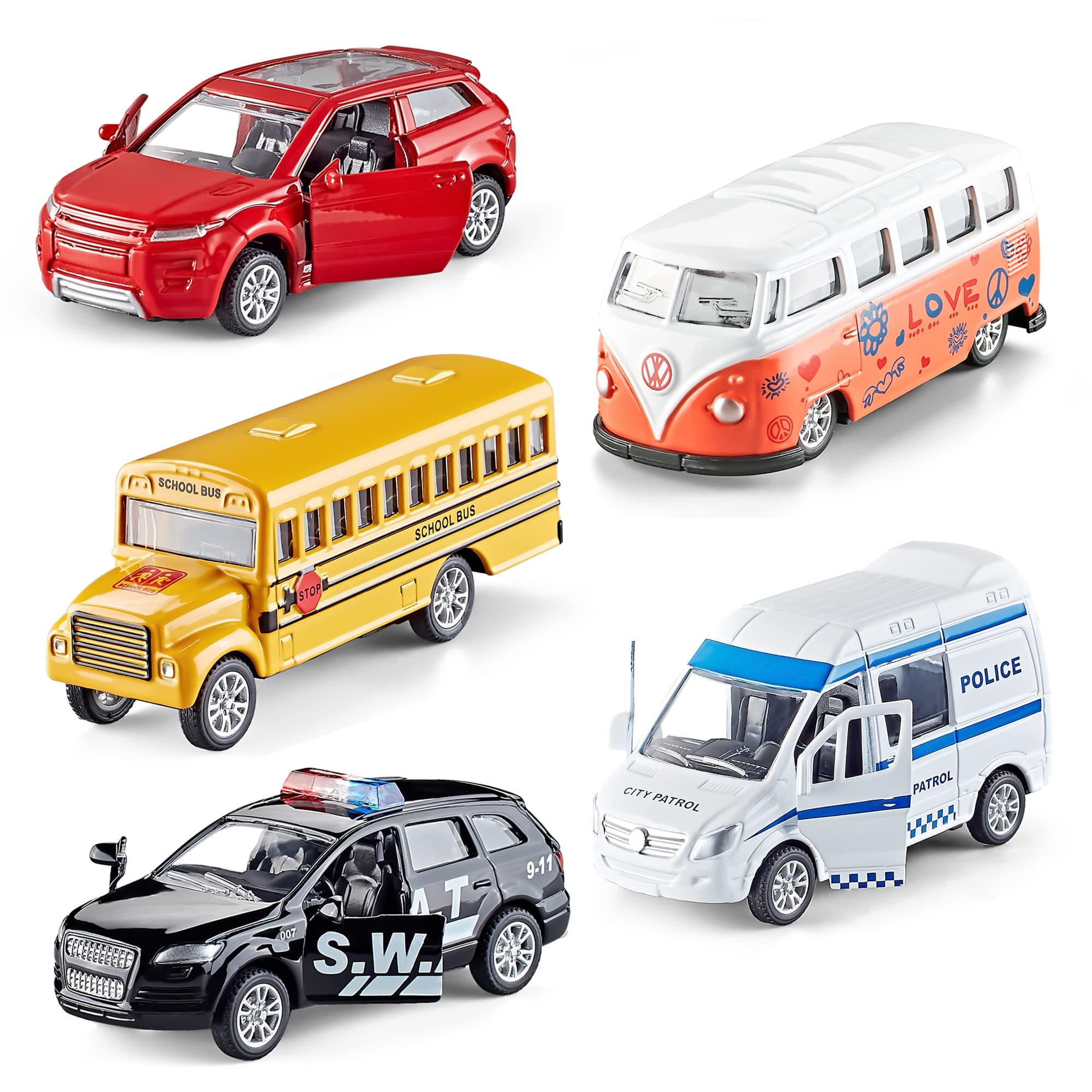 KIDAMI Die Cast Metal Vehicles Toy Set Of 5, Openable Doors Pull Back Toy Cars Gift Pack For Kids, Multicolor